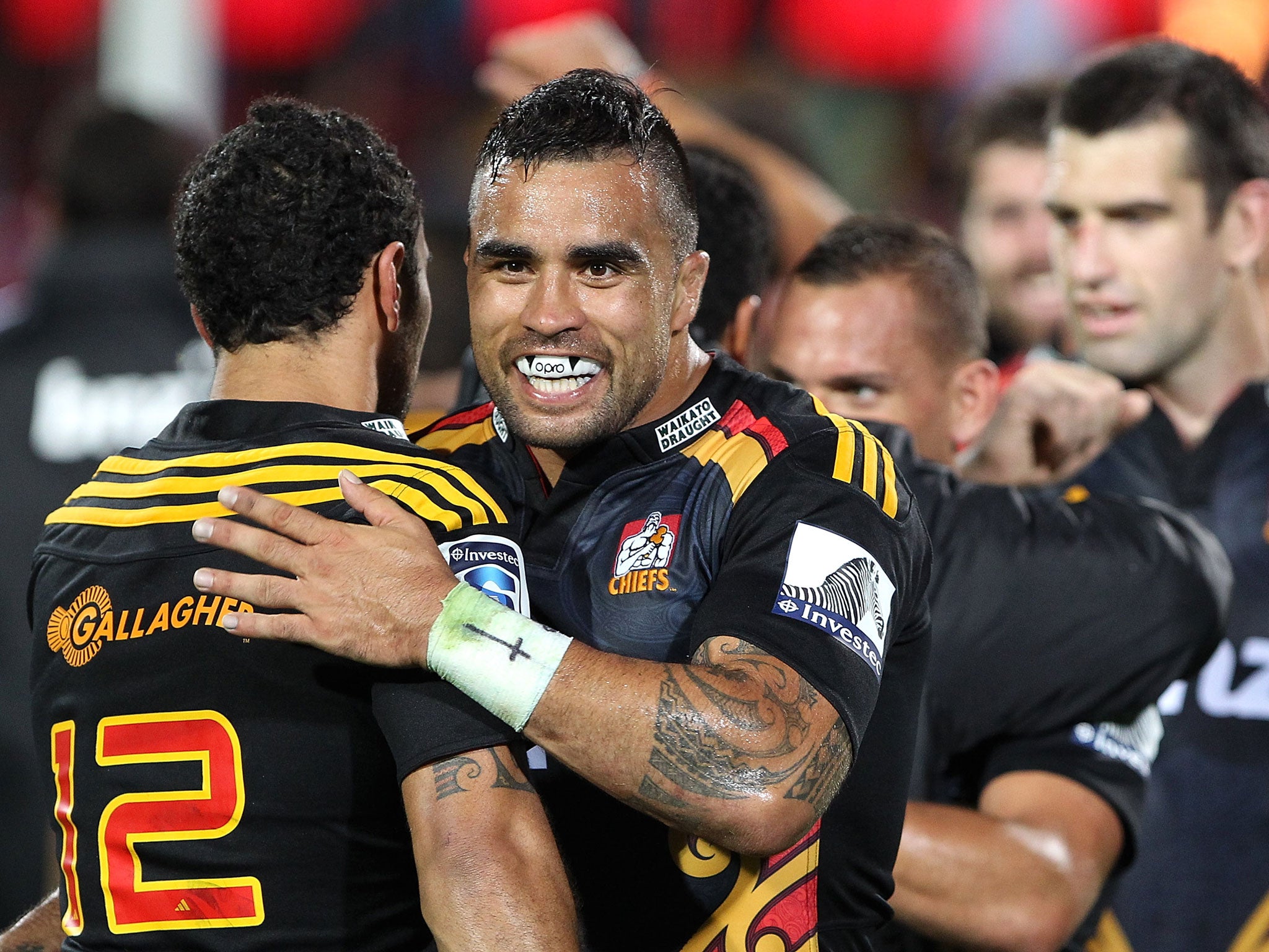 Liam Messam celebrates with Charlie Ngatai after the Chiefs' 18-10 victory over the Crusaders