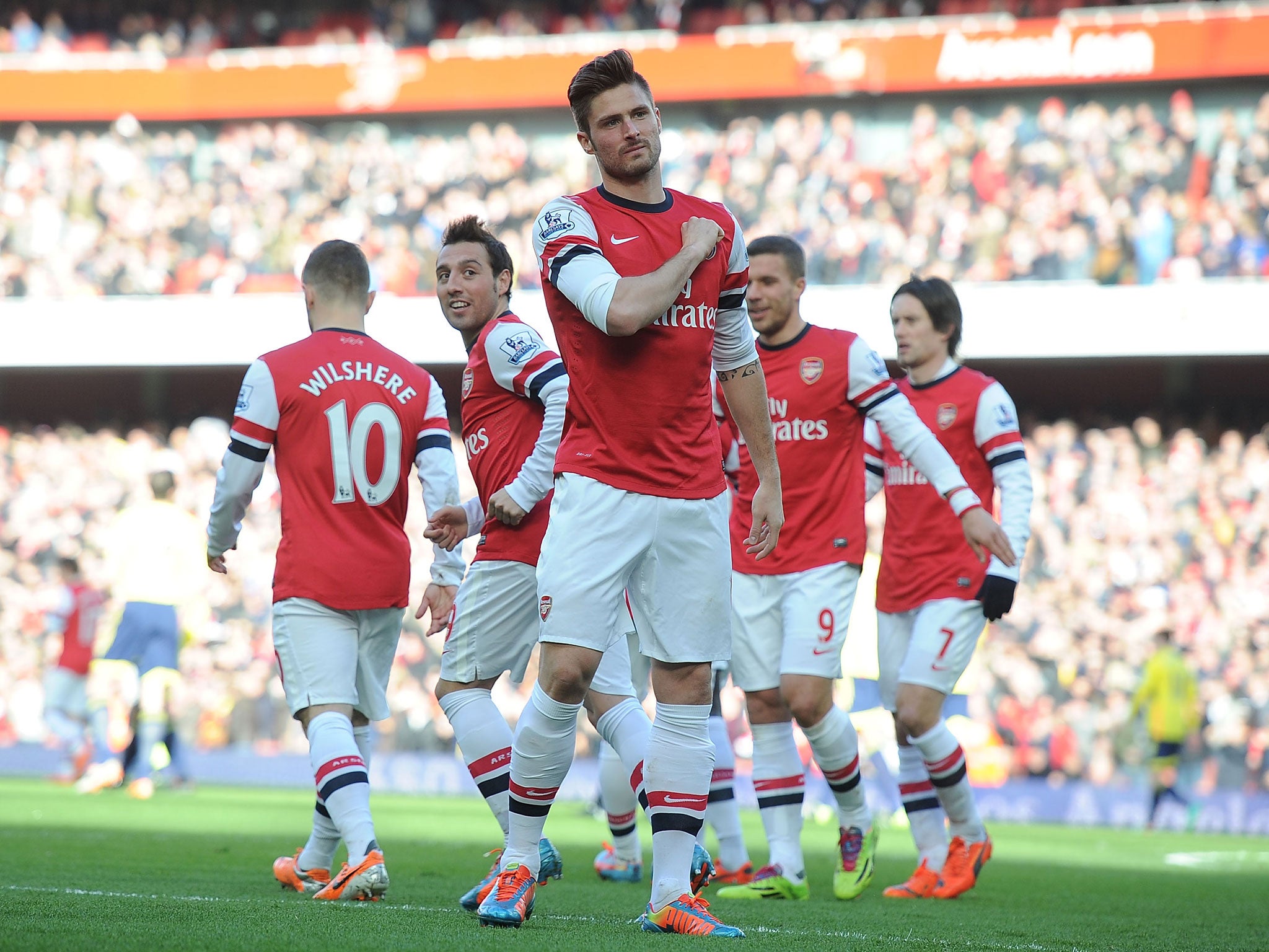 Olivier Giroud celebrates after opening scoring in Arsenal comfortable win over Sunderland