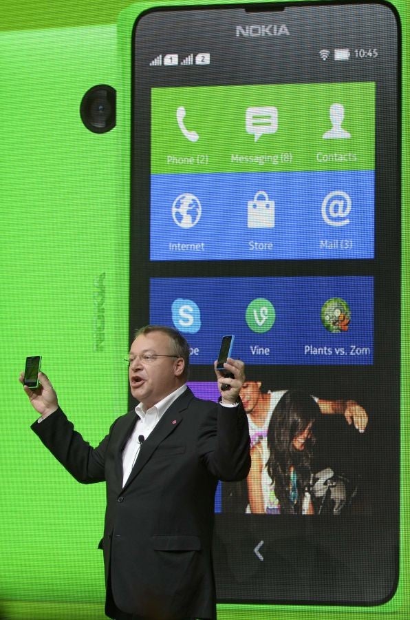 The handsets are visually similar to Nokia's Windows Phone offerings, although familiar Android feature (such as the notification bar at the top of the screen) are still visible. Image credit: Getty/AFP