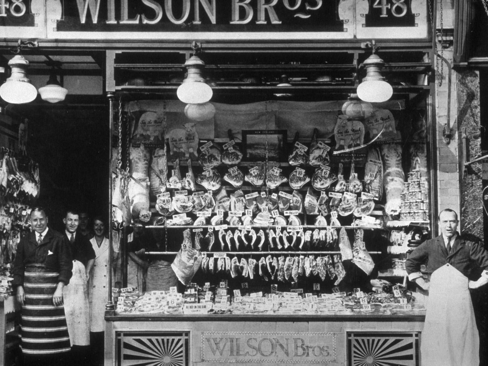 Flaunting flesh: a traditional butcher's display window in 1935 shows what was available