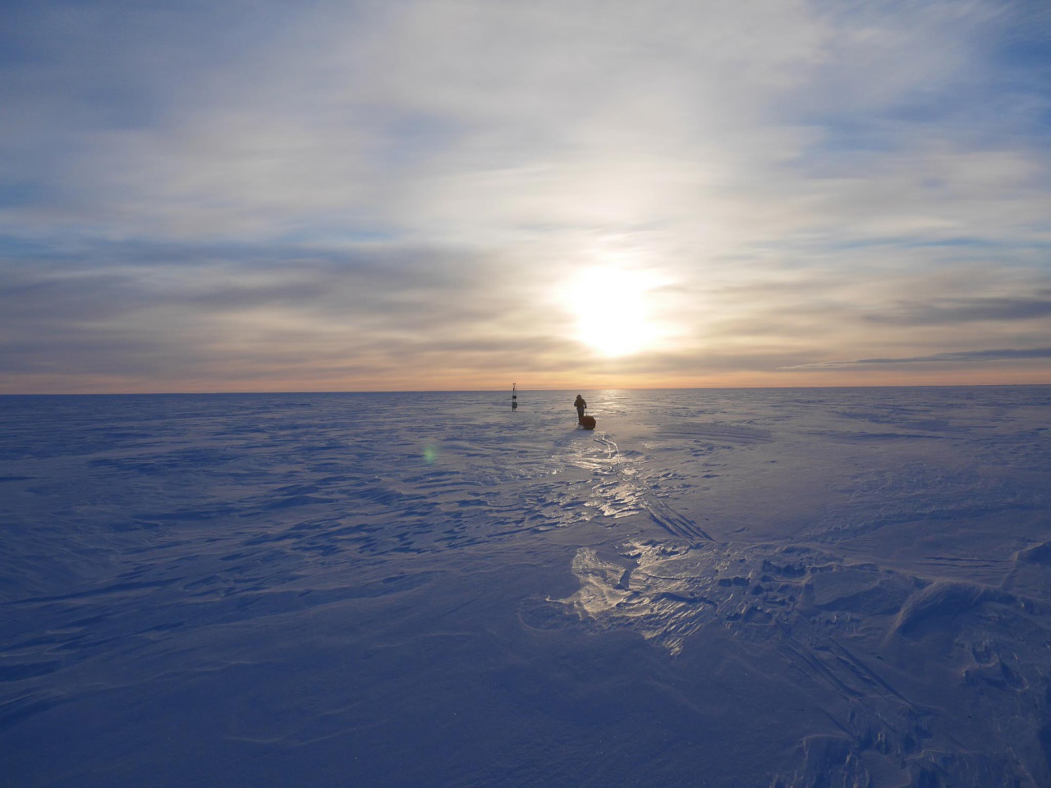 Saunders makes his way across the sastrugi – wind-blown ridges in the snow