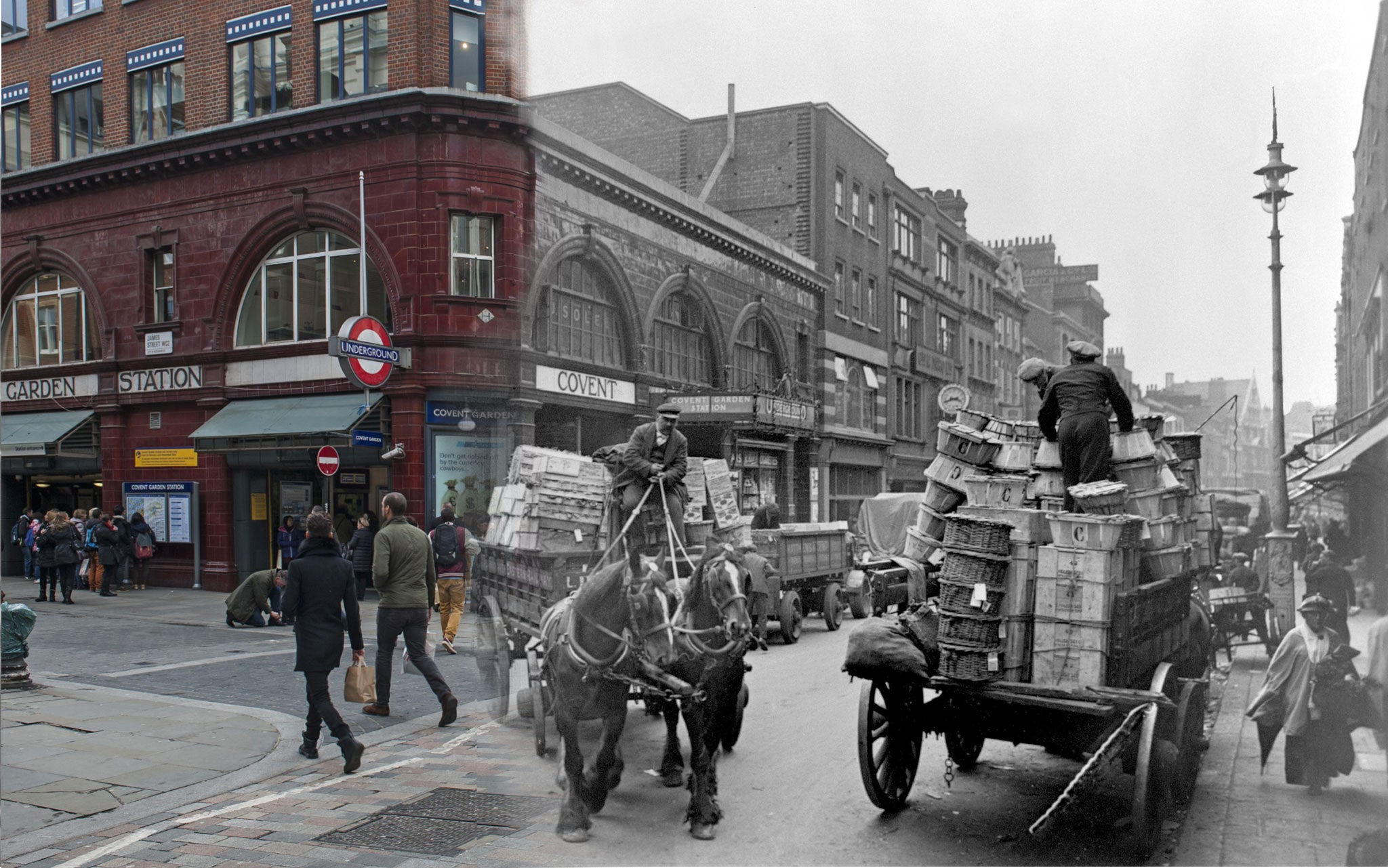 A street scene in London’s Covent Garden with the underground station and a horse and cart in the background in c.1930 and the same street in 2014