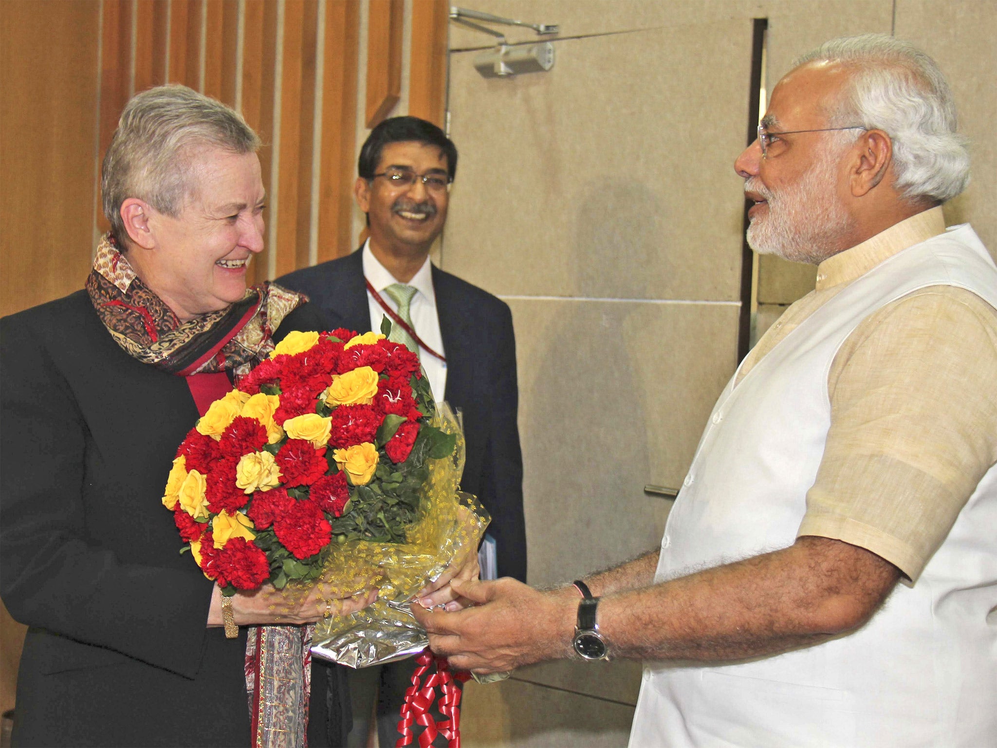 The BJP prime ministerial candidate Narendra Modi with the US ambassador to India Nancy Powell