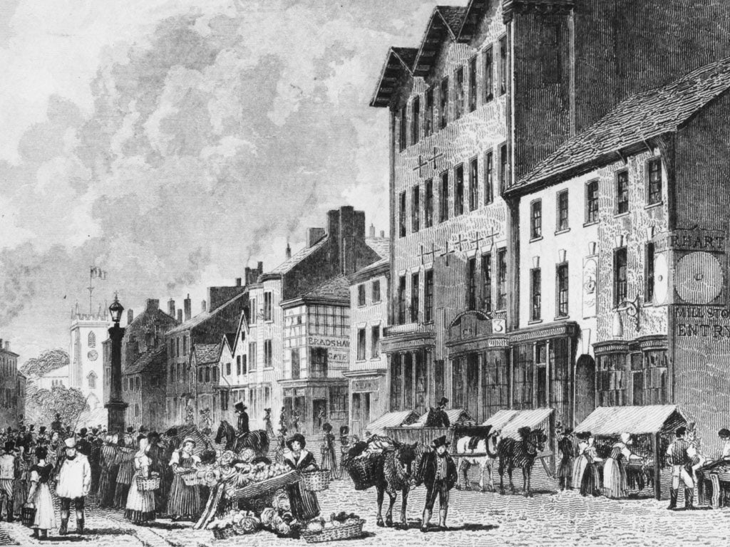 Traders and customers at the Old Market Place on Deansgate, Bolton, Lancashire, circa 1840