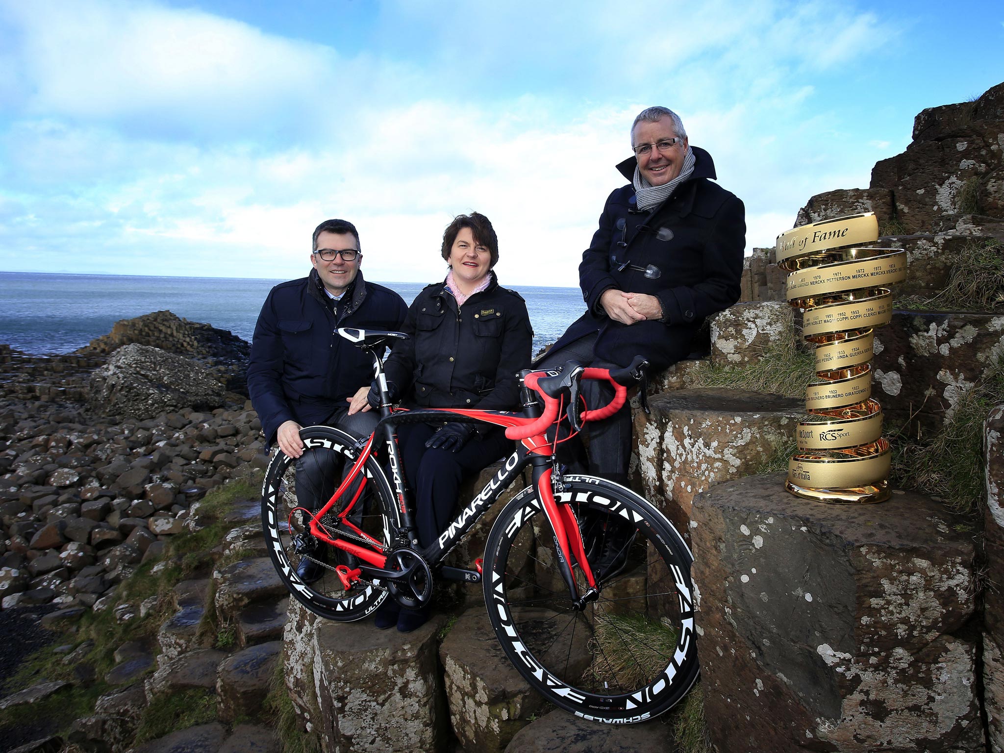 Ireland’s Trade and Investment Minister, Arlene Foster, with Stephen Roche, who has been inducted into the Giro d’Italia Hall of Fame