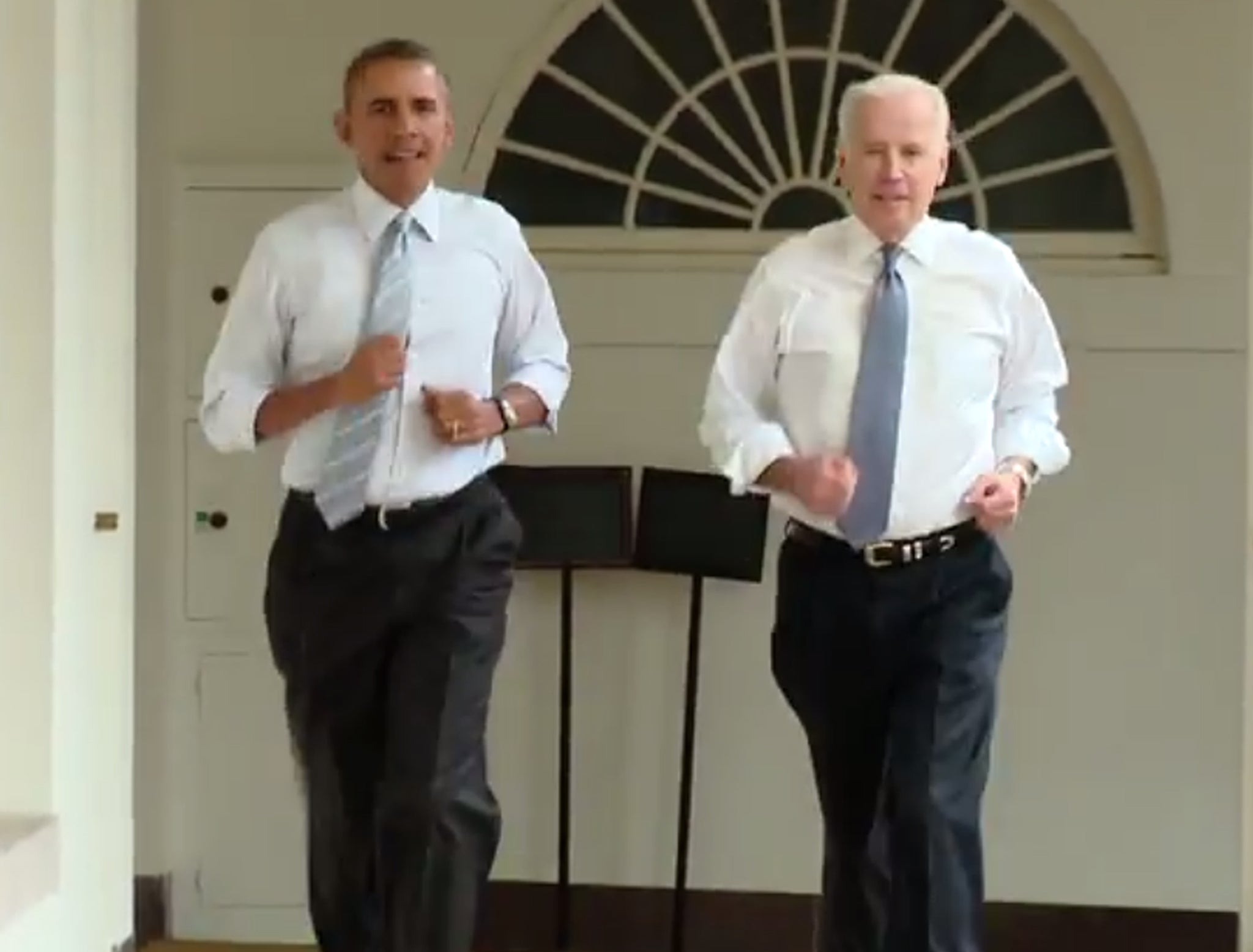 The clip shows Obama and Biden jogging through the White House