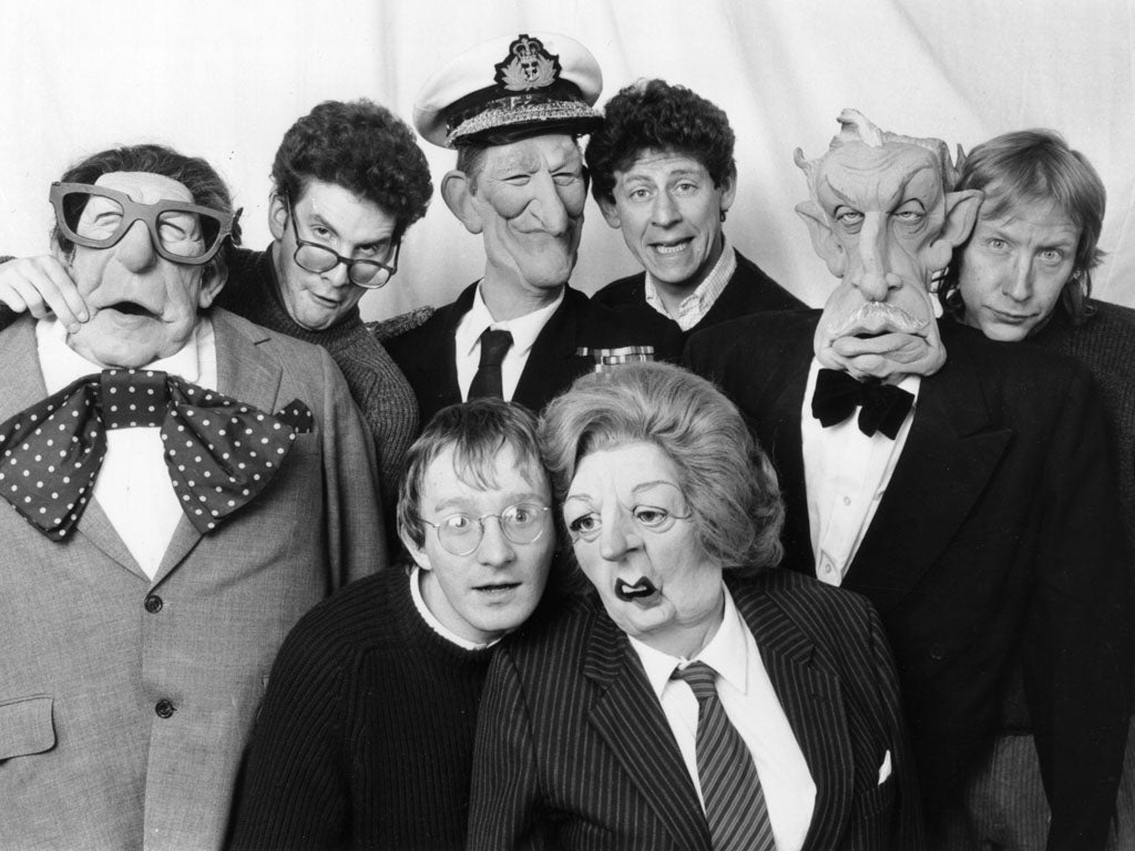 1st February 1985: Four of the voice artists on the satirical TV programme, 'Spitting Image' with some of the puppets, for which they provide voices (Margaret Thatcher, Robin Day, Vincent Price and Prince Philip). Back, left to right: Chris Barrie, Jon Glover, Enn Reitel. Front: Steve Nallon.