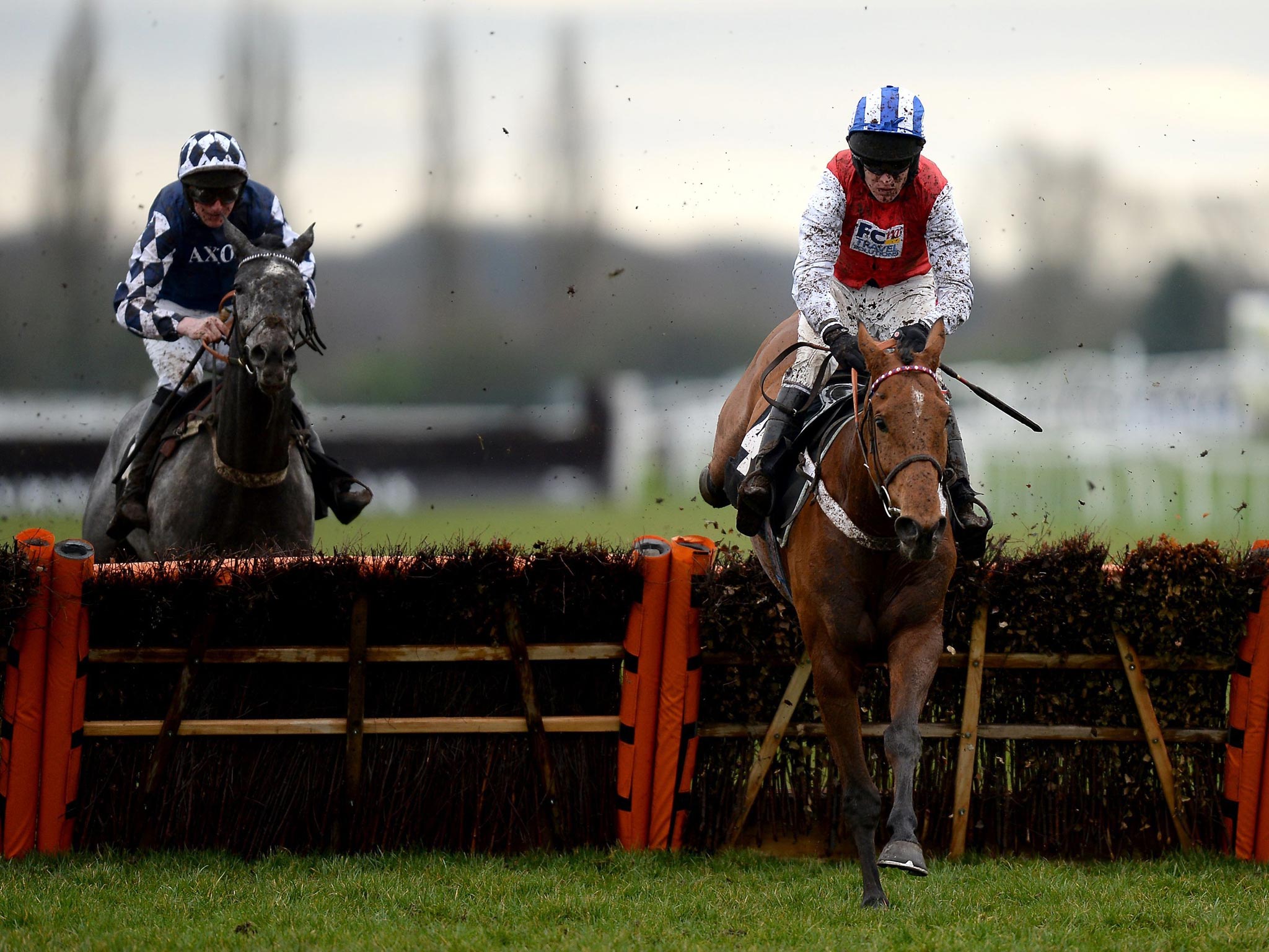 Big Hands Harry clears the last in the style of an odds-on shot to
land a novice hurdle for Barry Geraghty at Newbury yesterday