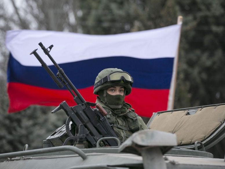 A Russian army vehicle outside a Ukrainian border guard post.