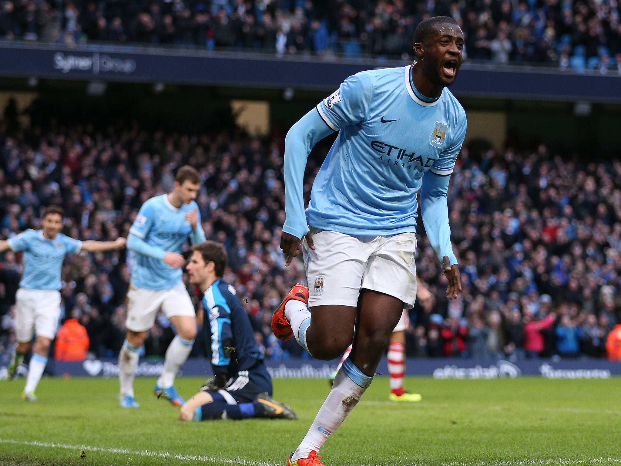 Yaya Toure celebrates his equaliser for Manchester City (GETTY)