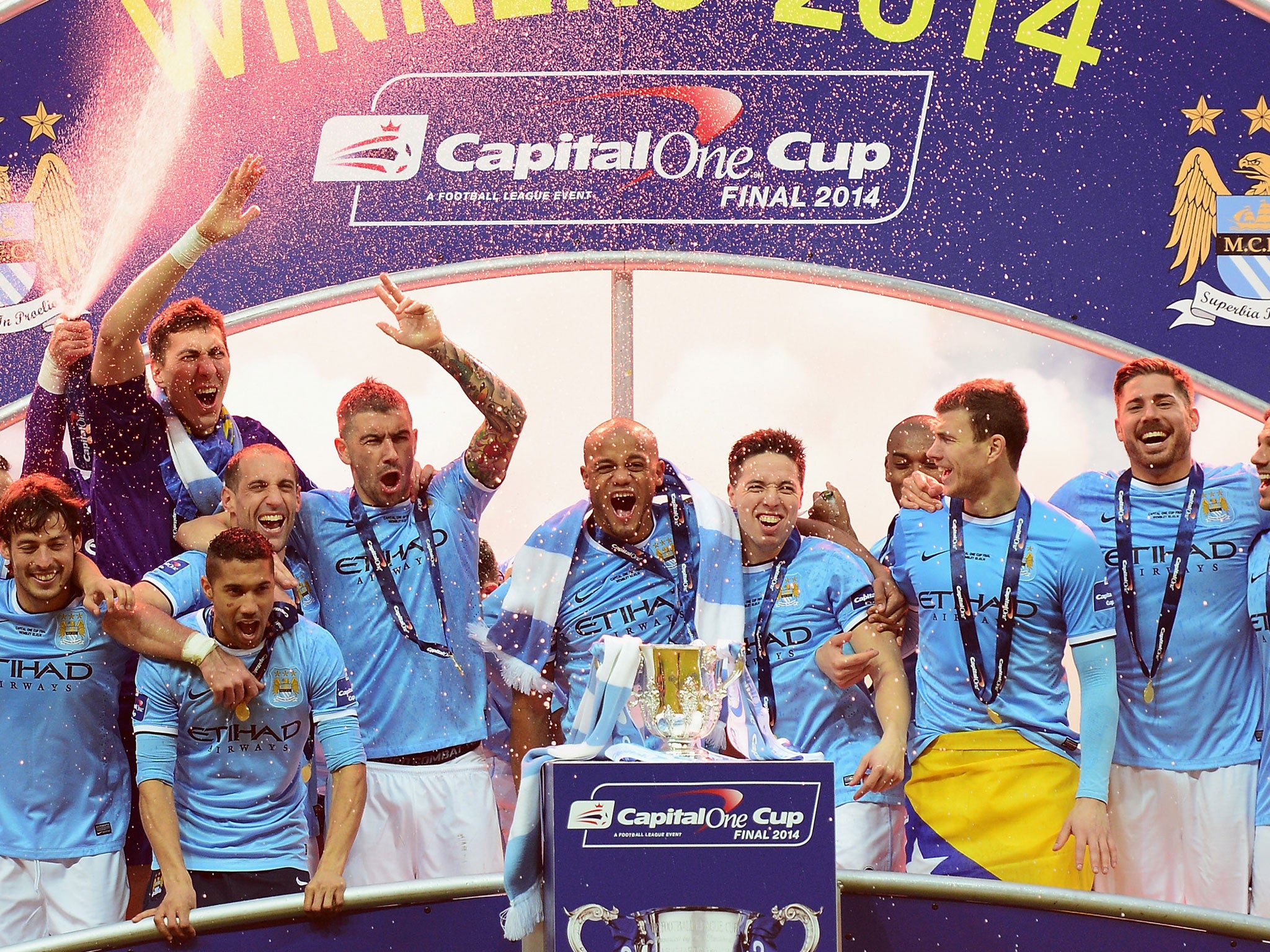 Manchester City celebrate their Capital One Cup triumph (GETTY)