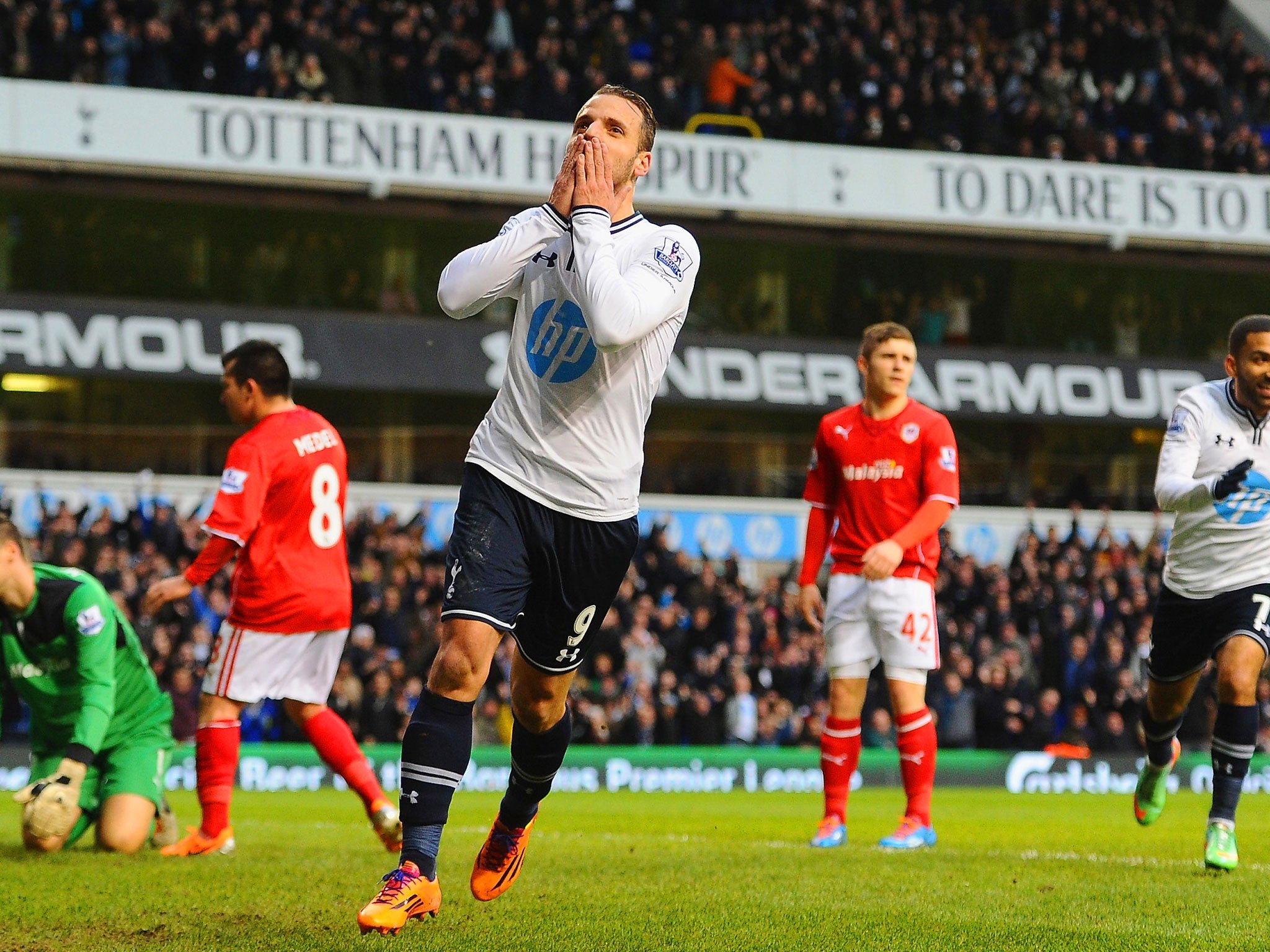 Roberto Soldado celebrates his goal for Tottenham Hotspur against Cardiff City