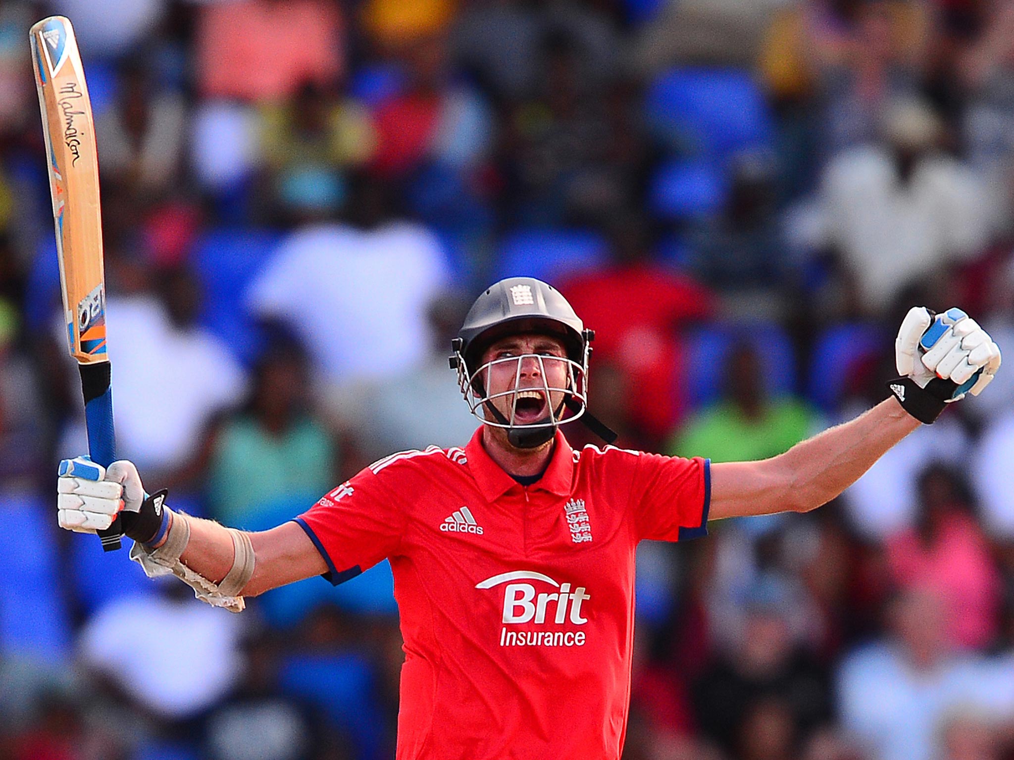 Stuart Broad celebrates hitting the winning runs in the victory over the West Indies