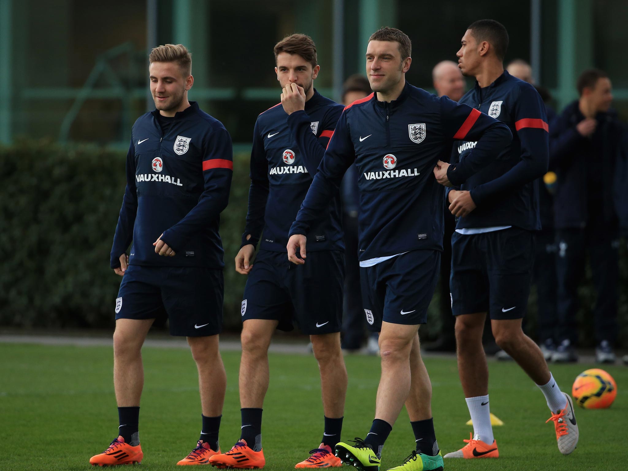 England's Southampton contingent Luke Shaw (L) Adam Lallana (C) and Rickie Lambert (R)