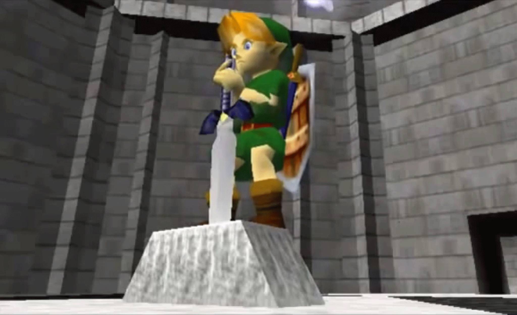 Link pulls the Master Sword in Legend of Zelda: Ocarina of Time