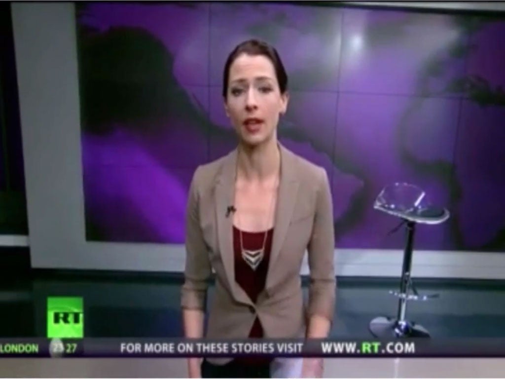 Russia Today presenter Abby Martin broadcasts her views on the Russian intervention in Ukraine live on air.