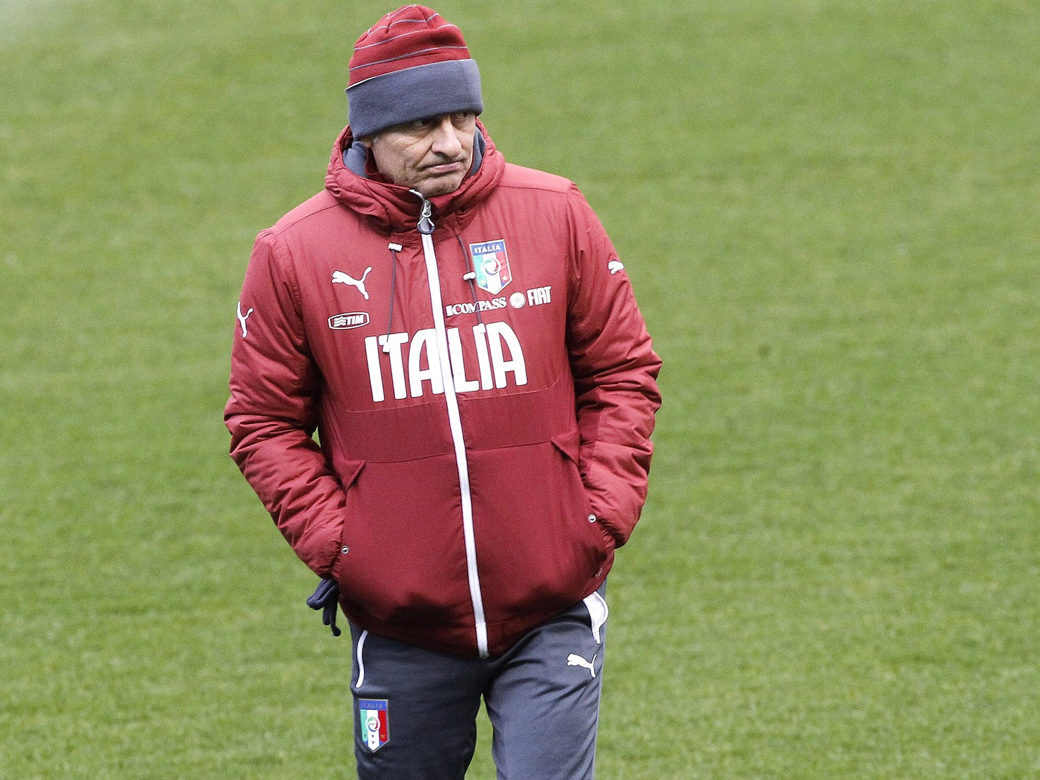 Cesare Prandelli leads a training session at the Vicente Calderon stadium, in Madrid, ahead of Italy's match with Spain