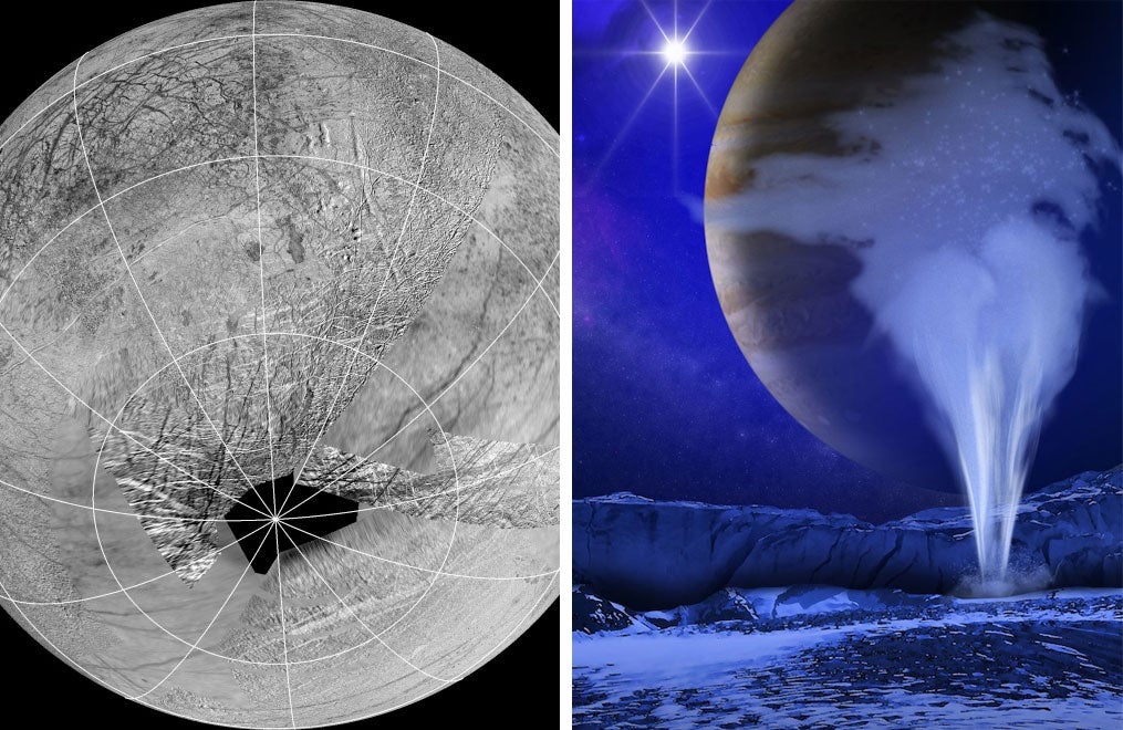 A map of Europa's southern pole, where the geysers are thought to be erupting; an artist's conception of the geysers (Nasa/JPL-Caltech/Seti)