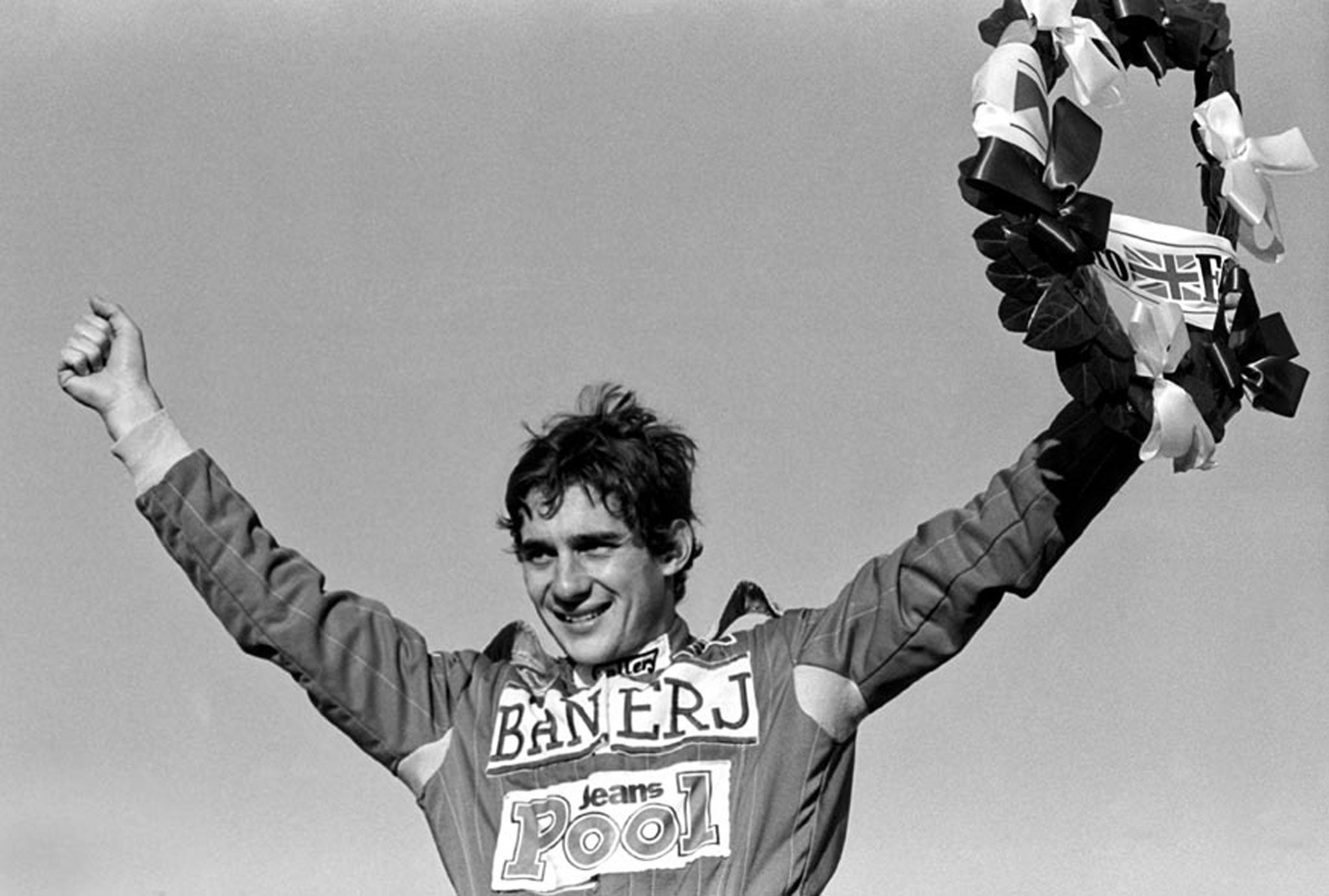 Senna celebrates victory at the British Formula 3 Championship, Thruxton, England, 27 October 1983. (Senna: Photographs by Keith Sutton at Proud Chelsea runs until 5th May 2014)