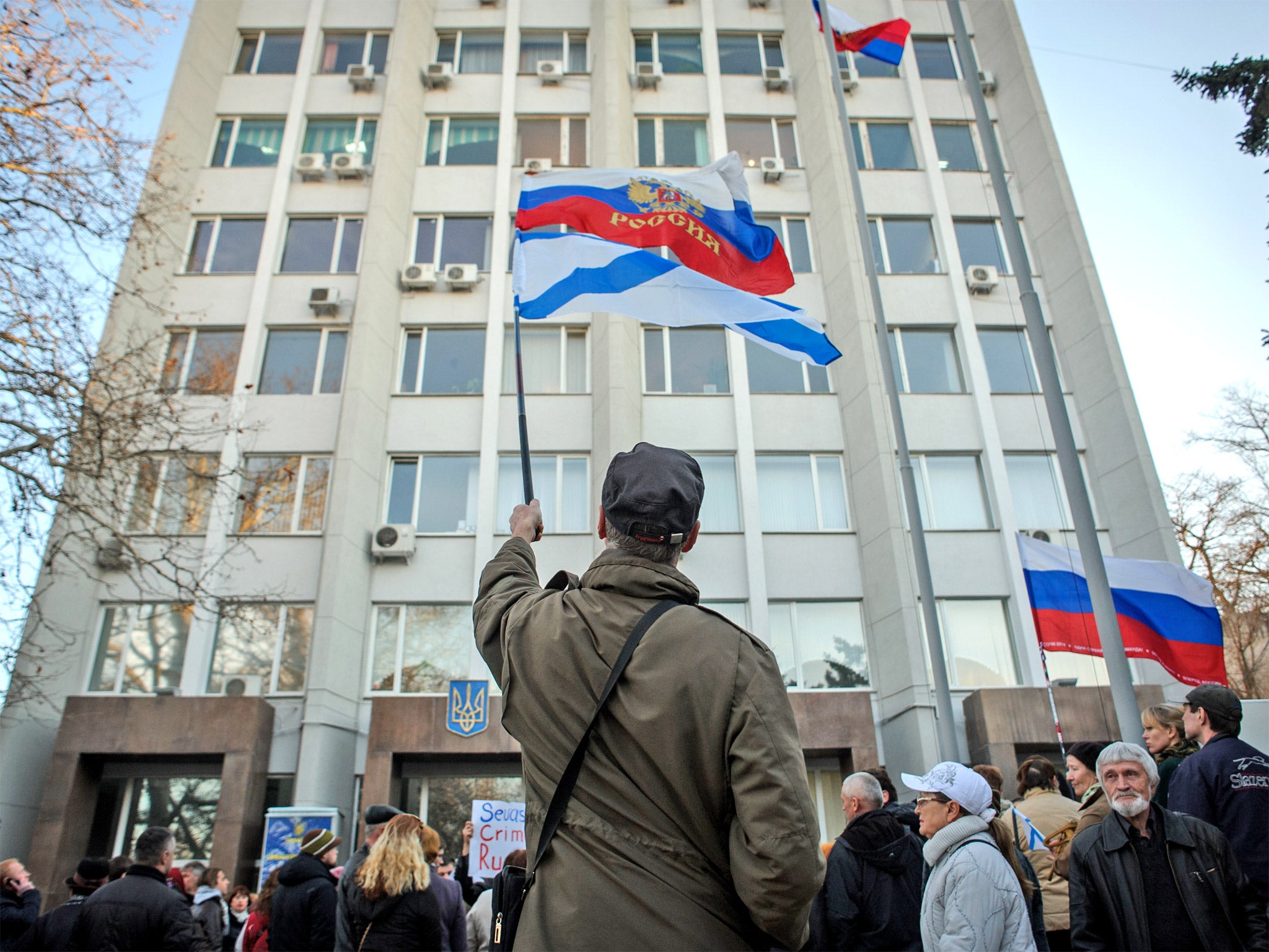 Flags are waved during a Pro-Russian rally in Sevastopol