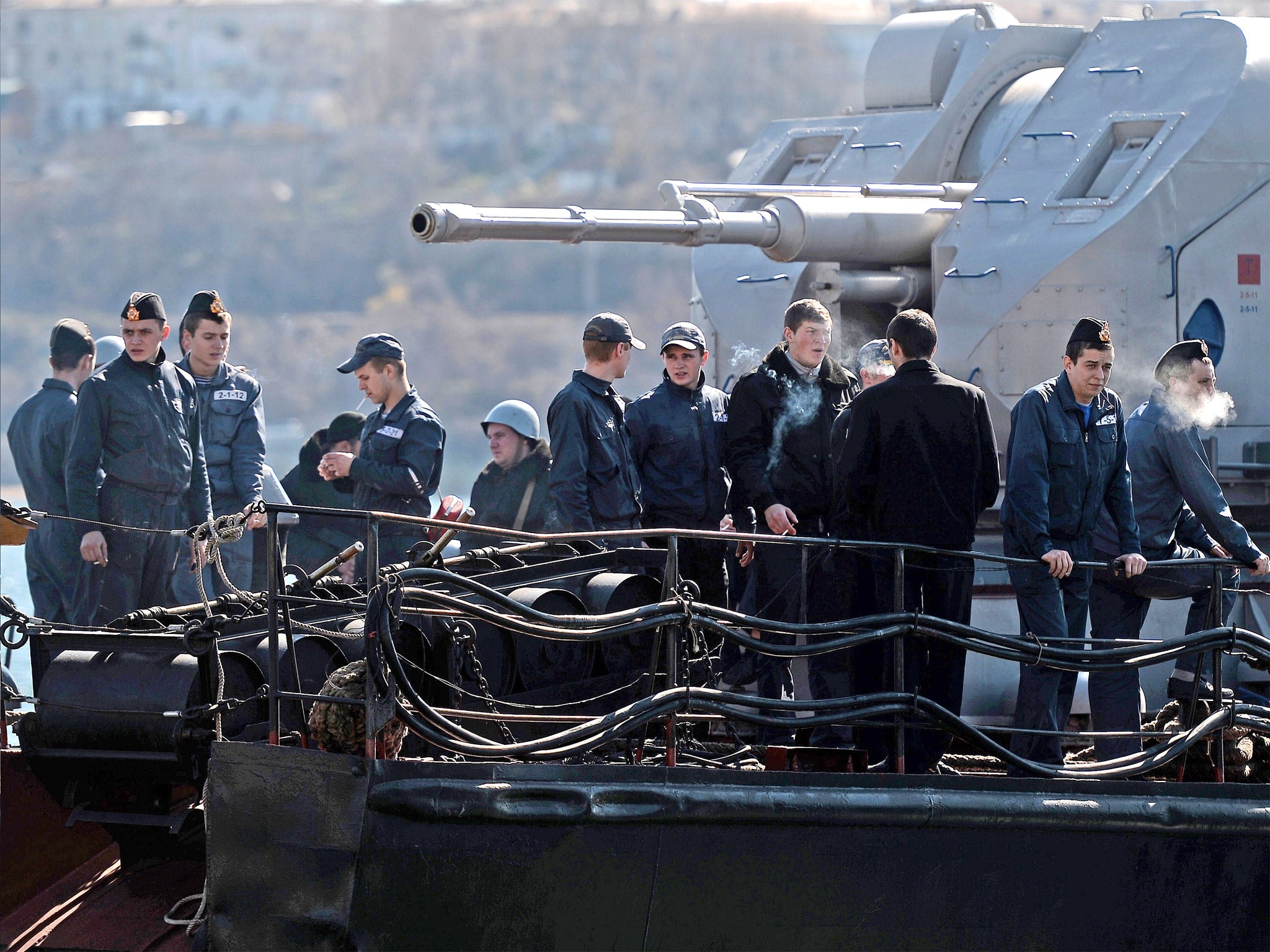 Ukrainian soldiers on board the navy corvette Ternopil in the harbor of Sevastopol (Getty)