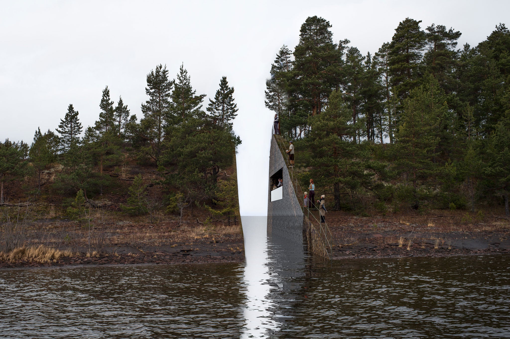 Artist Dahlberg proposes cutting a one thousand cubic meter slice out of the rock, from the mainland at Soerbraaten near Utoya site of the mass killings of Anders Behring Breivik leaving a permanent scar on the landscape. The rubble collected will then b