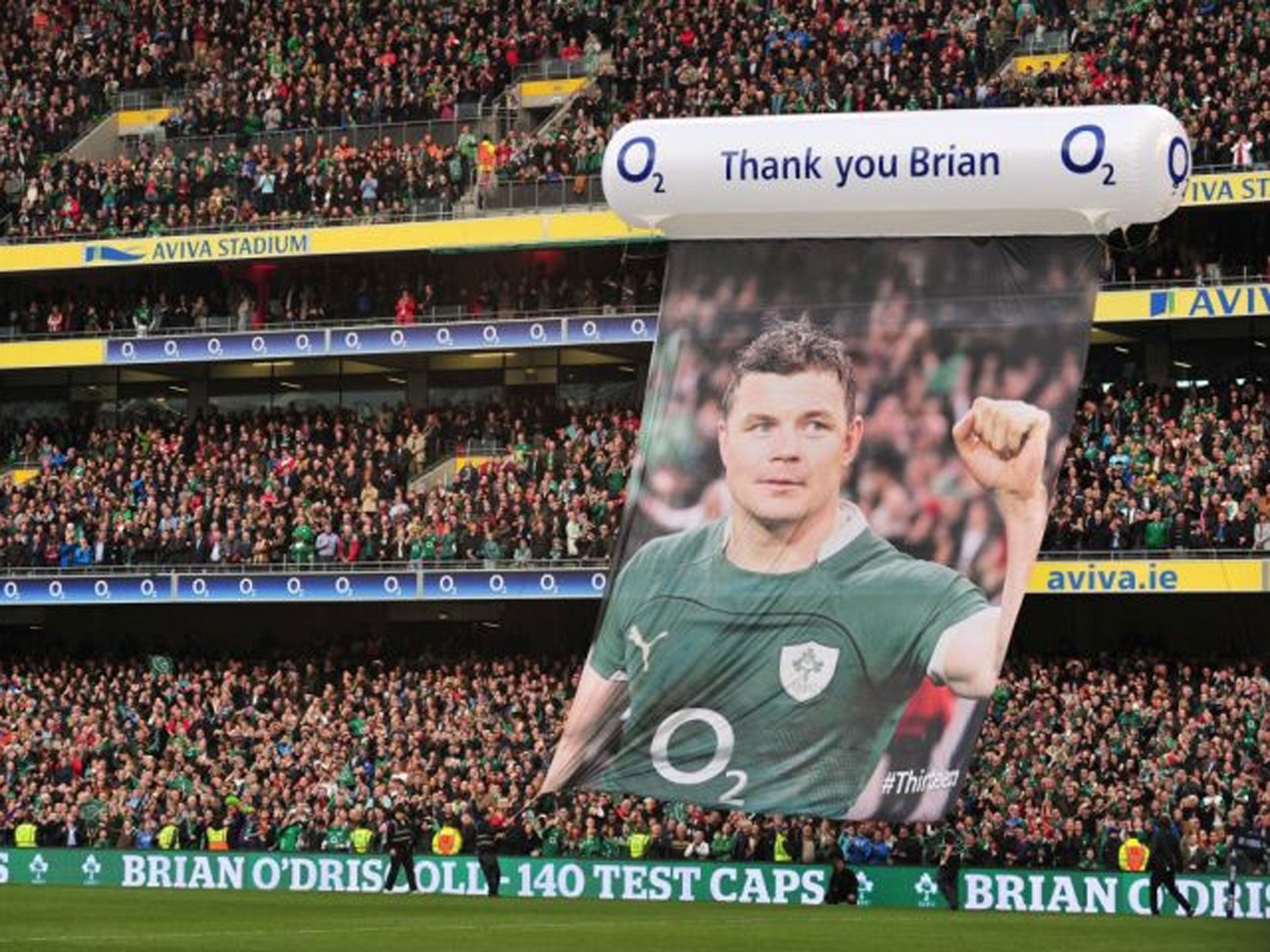 A banner celebrates Ireland's Brian O'Driscoll the most capped international rugby player during the RBS Rugby Six Nations match between Ireland and Italy at the Aviva Stadium in Dublin, Ireland