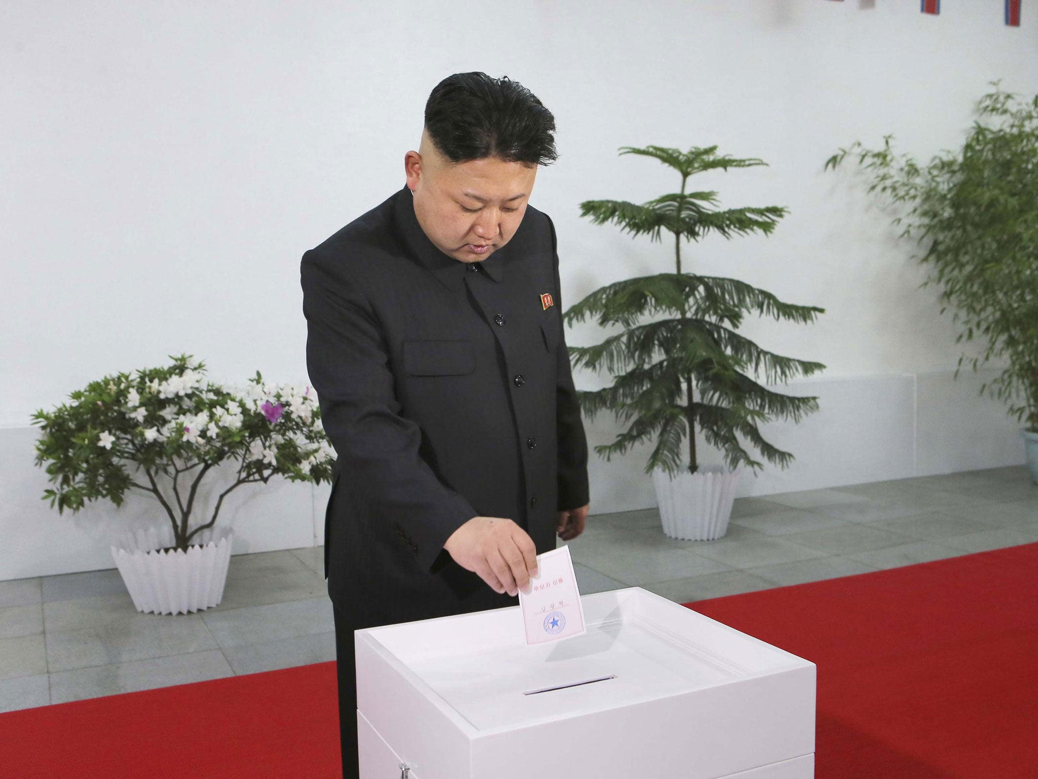 North Korean leader Kim Jong Un takes part in the election of a deputy to the Supreme People's Assembly at sub-constituency No. 43 of Constituency No. 105