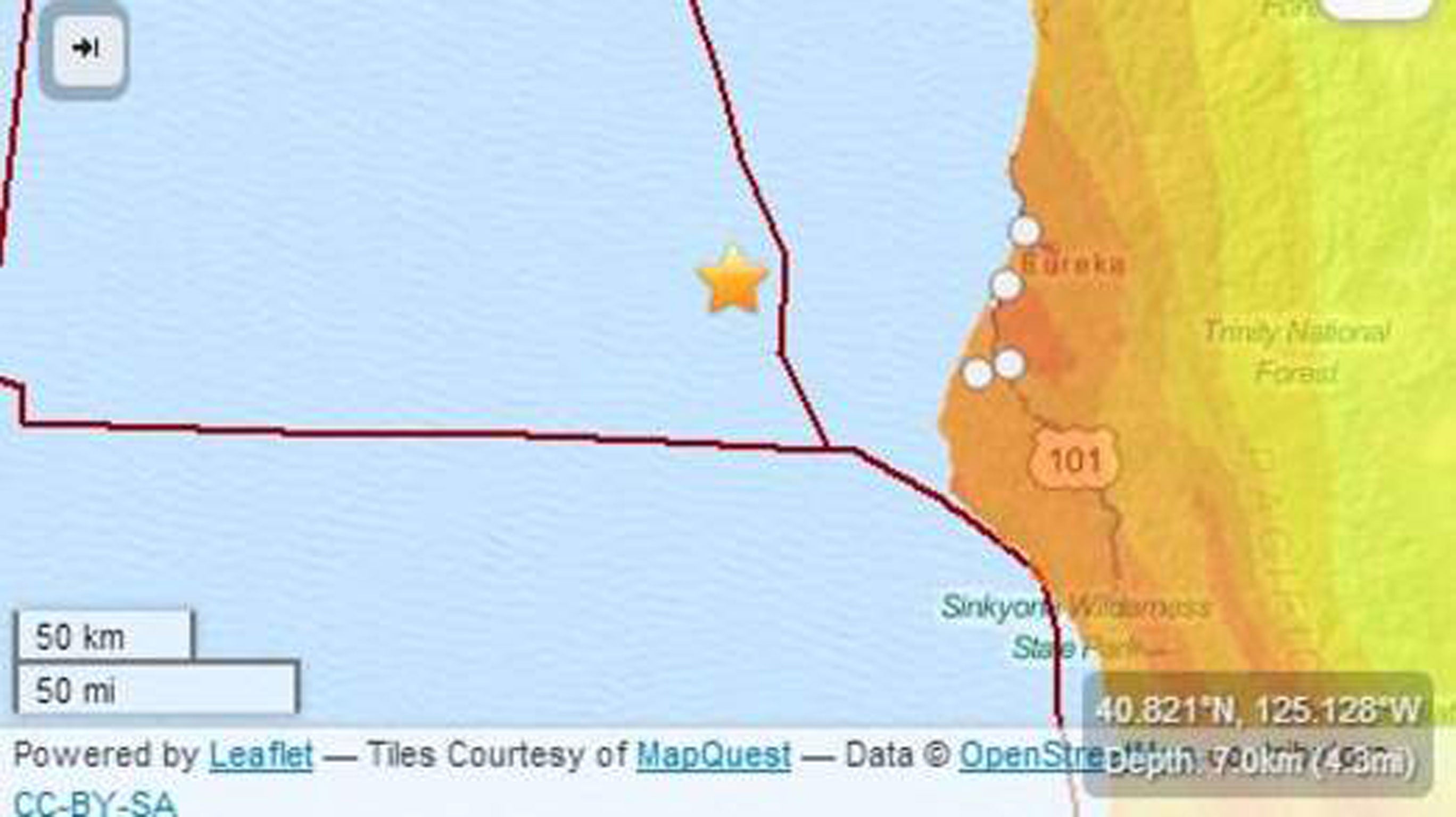 A map of faults lines off the Californian coast