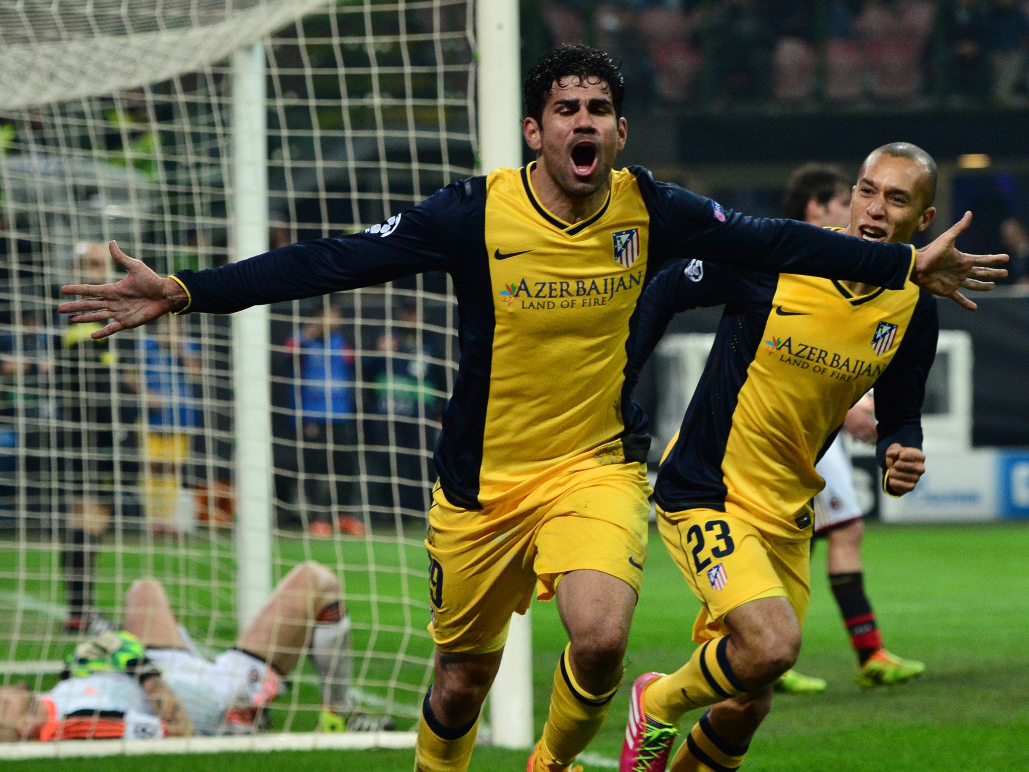 Diego Costa of Altetico Madrid celebrates scoring a Champions League goal against AC Milan