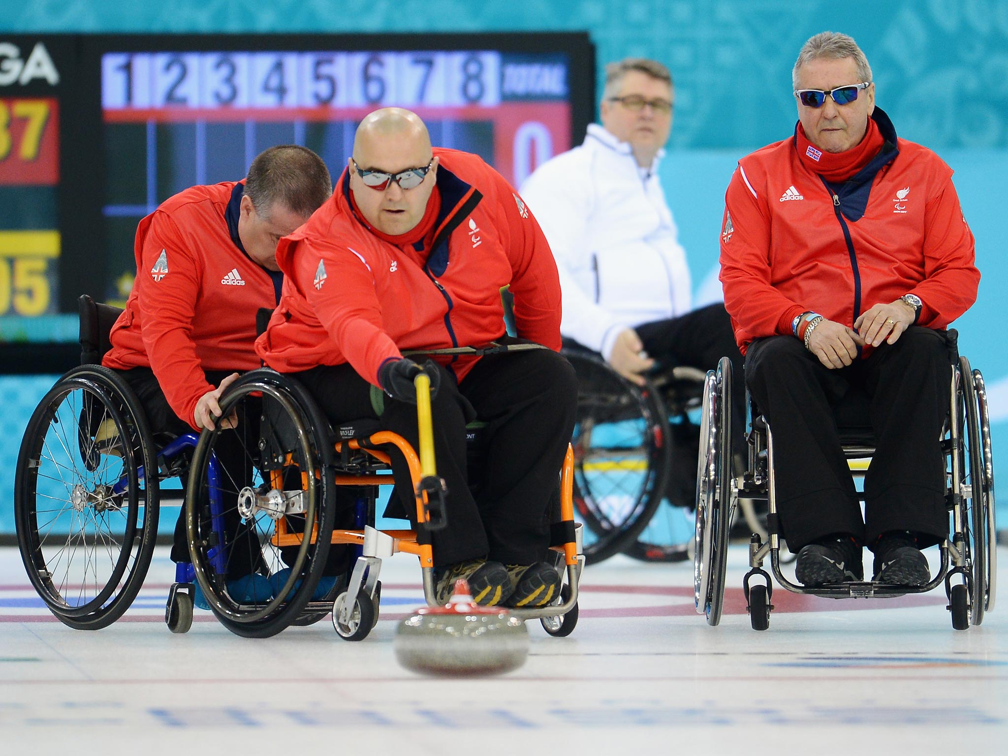 Gregor Ewan of Great Britain competes in the Round Robin Session 7 during day four of Sochi 2014 Paralympic Winter Games at Ice Cube Curling Center