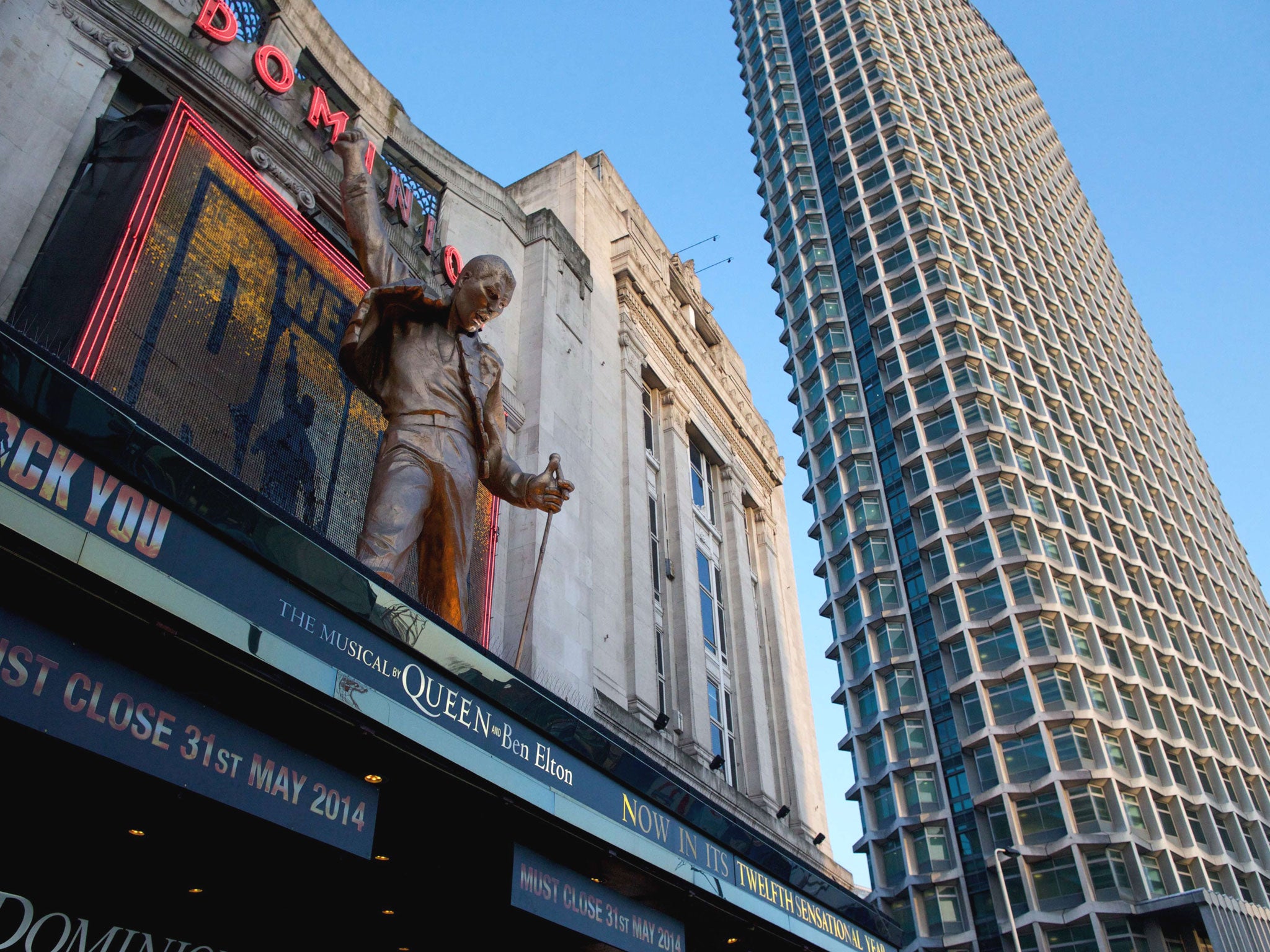 Freddie Mercury of rock band Queen on the front of the Dominion theatre where the show 'We will rock you' plays in London