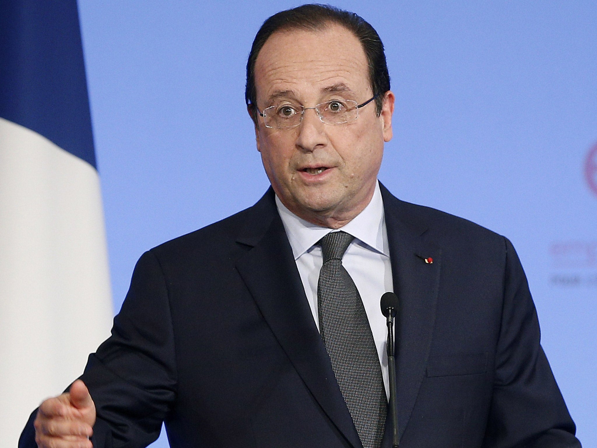 François Hollande delivering a speech at the Elysee Palace in Paris