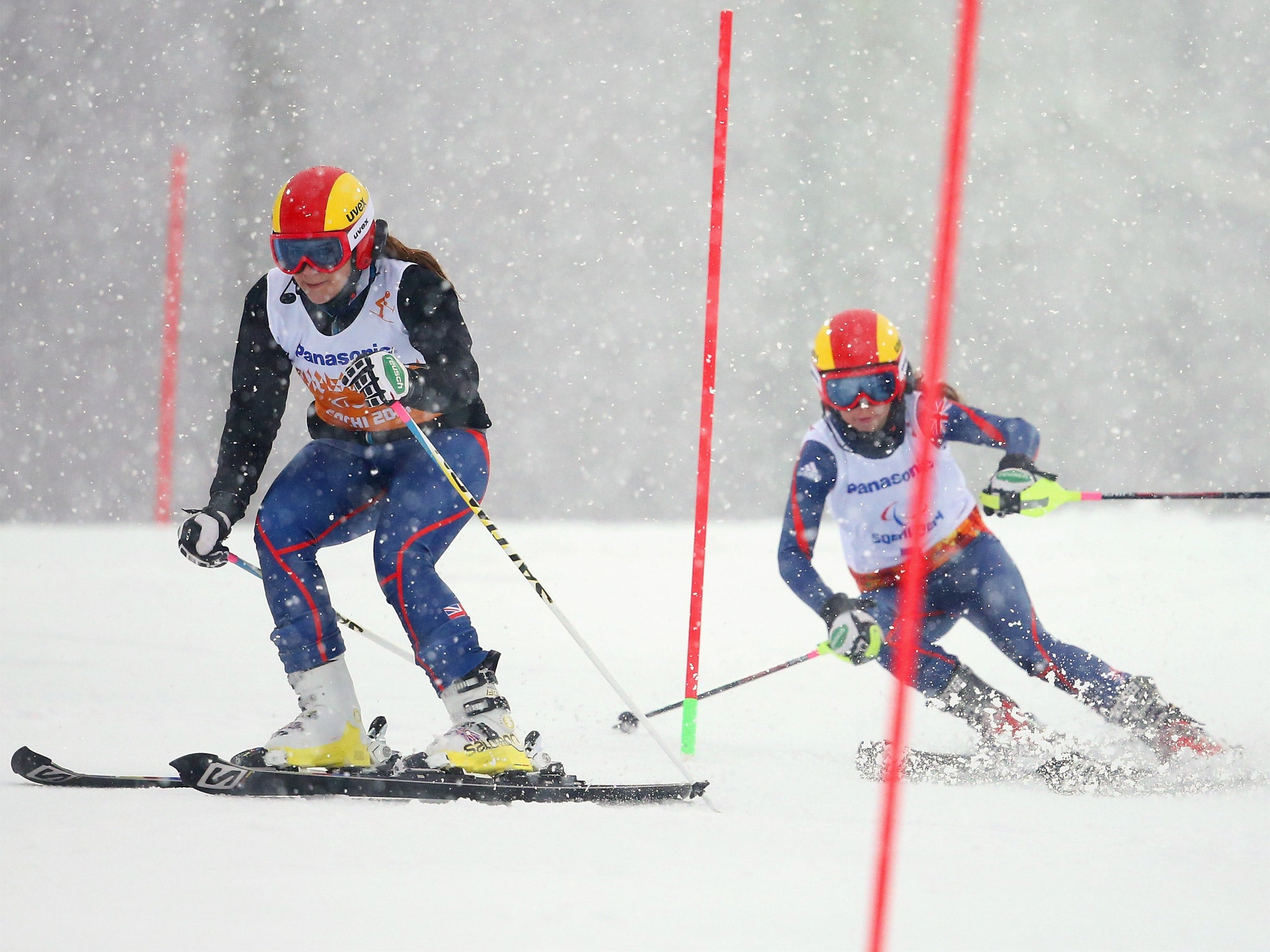 Great Britain’s Jade Etherington and guide Caroline Powell on their way to slalom silver