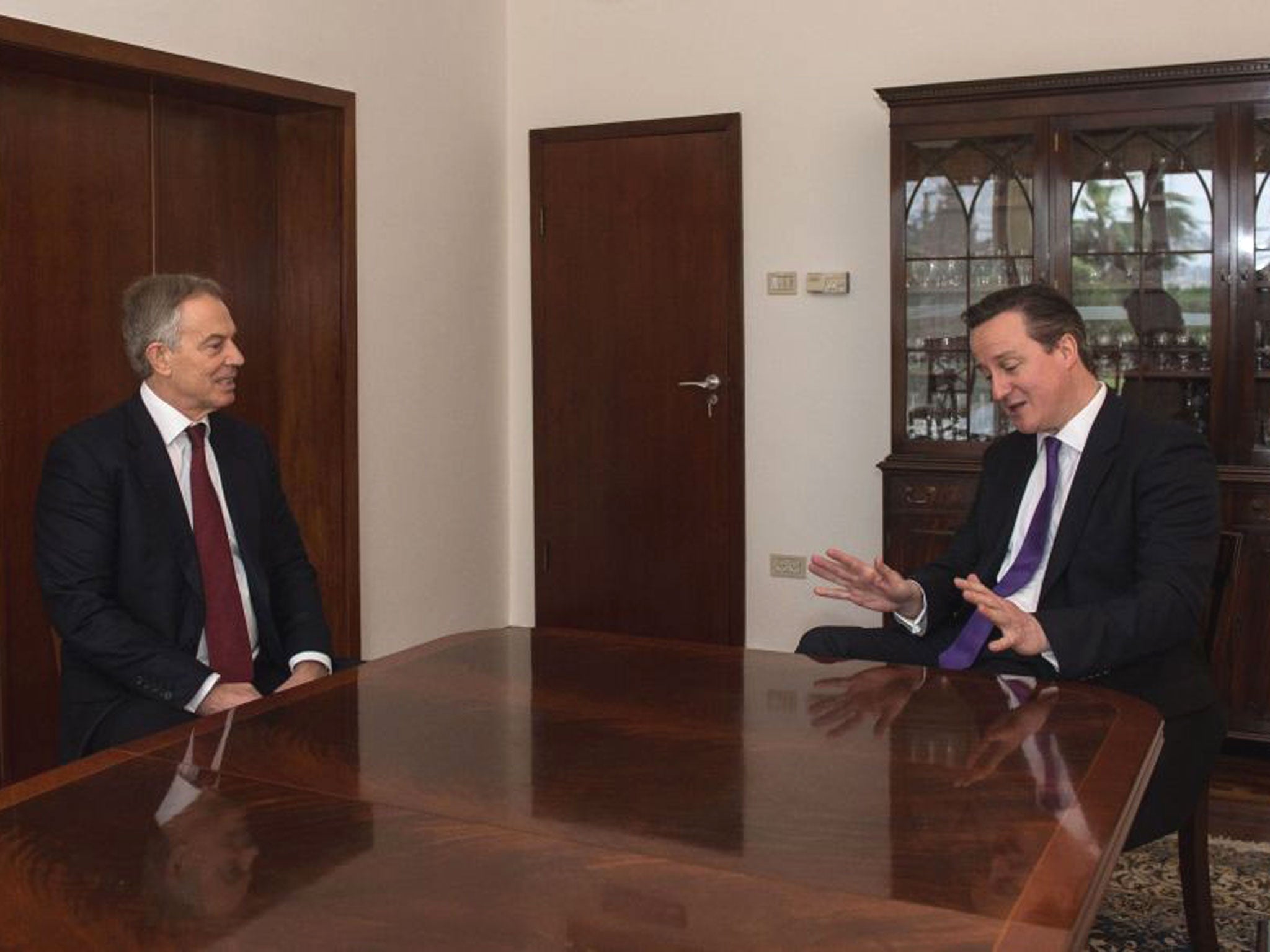 Prime Minister David Cameron meets with Tony Blair at the British Consulate in Jerusalem