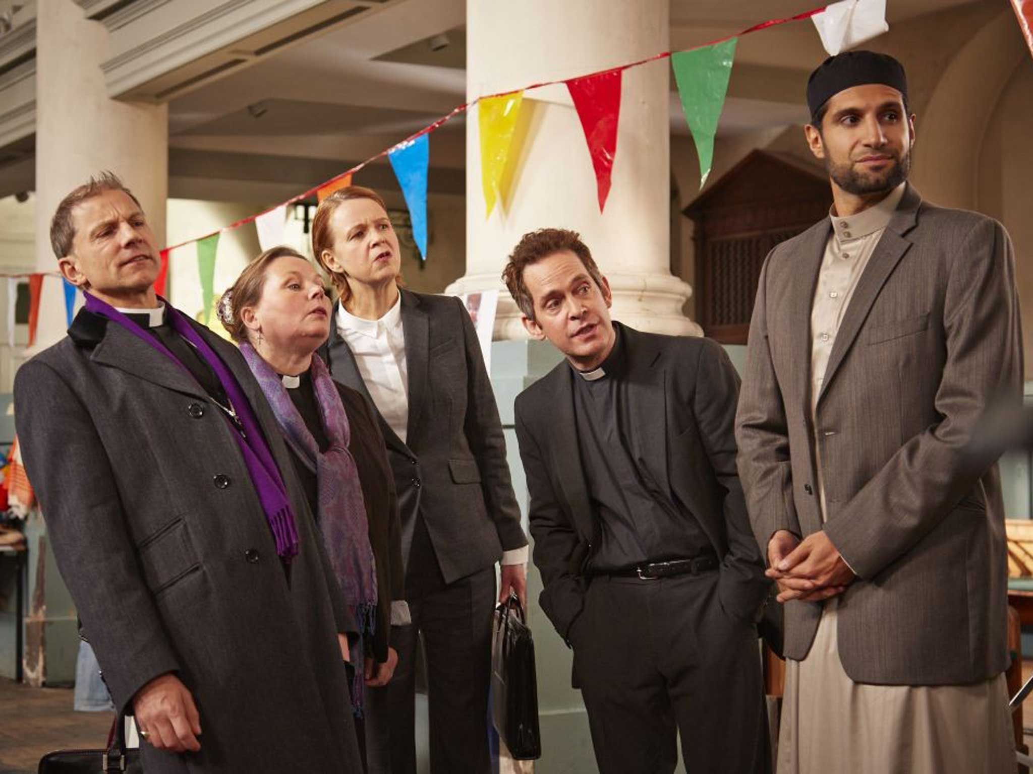 Hollander with co-stars Simon McBurney, Joanna Scanlan, Vicki Pepperdine and Kayvan Novak