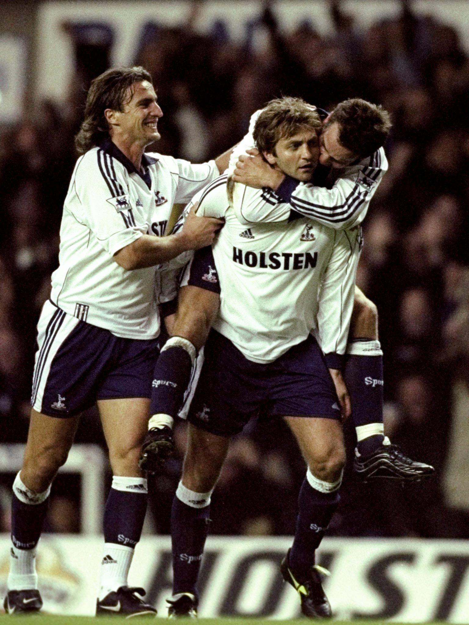 Tim Sherwood celebrates scoring for Spurs in a fiery derby win over Arsenal in 1999