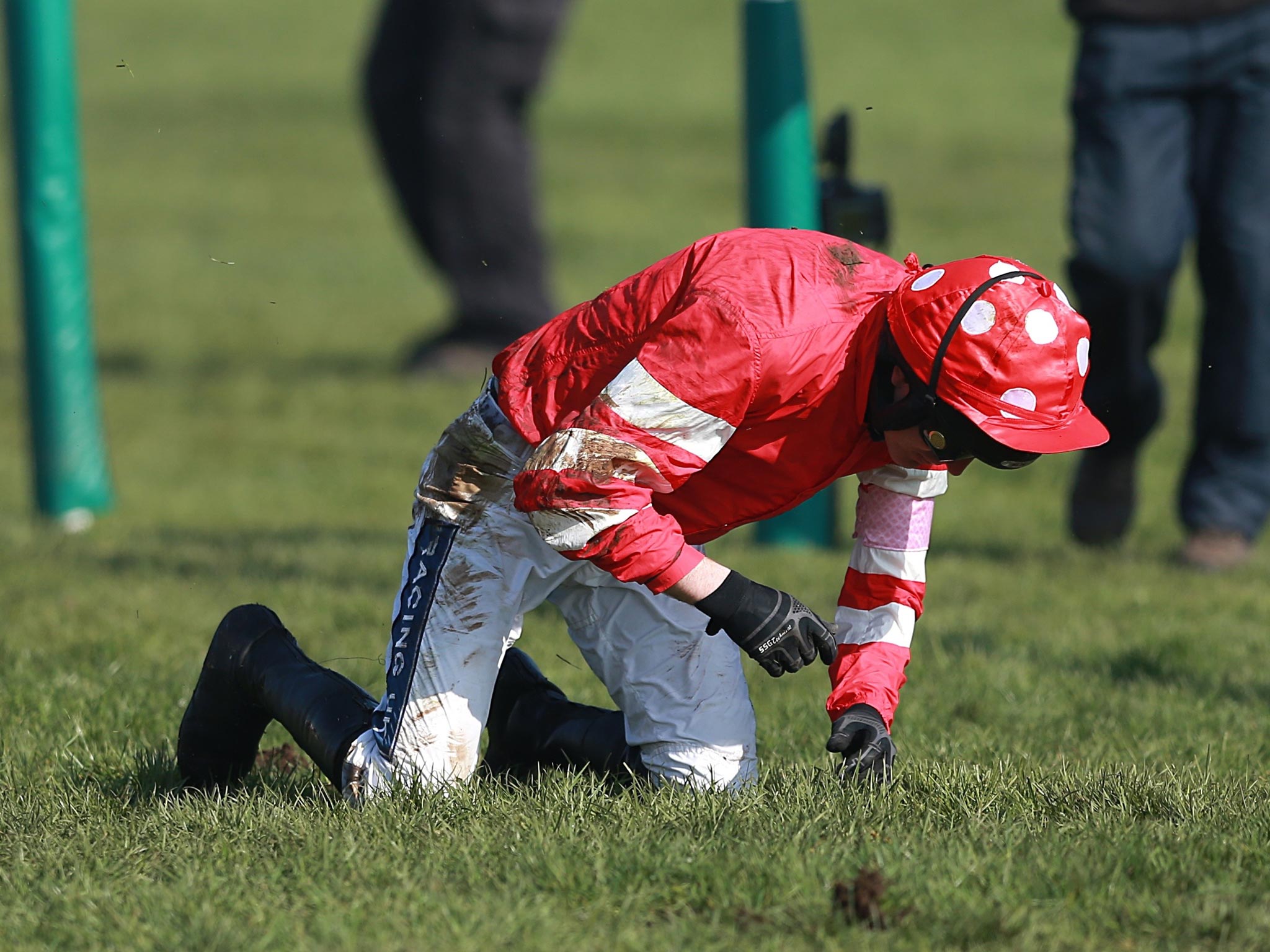 Abbyssial ridden by Ruby Walsh falls at the first fence during Cheltenham Gold Cup Day at Cheltenham Racecourse, Cheltenham