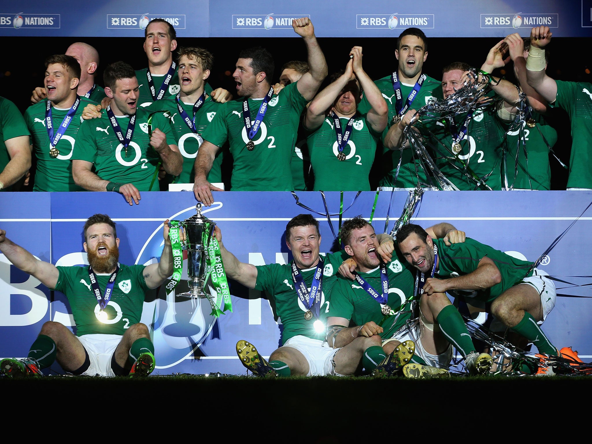 Brian O'Driscoll of Ireland celebrates with the Six Nations Championship