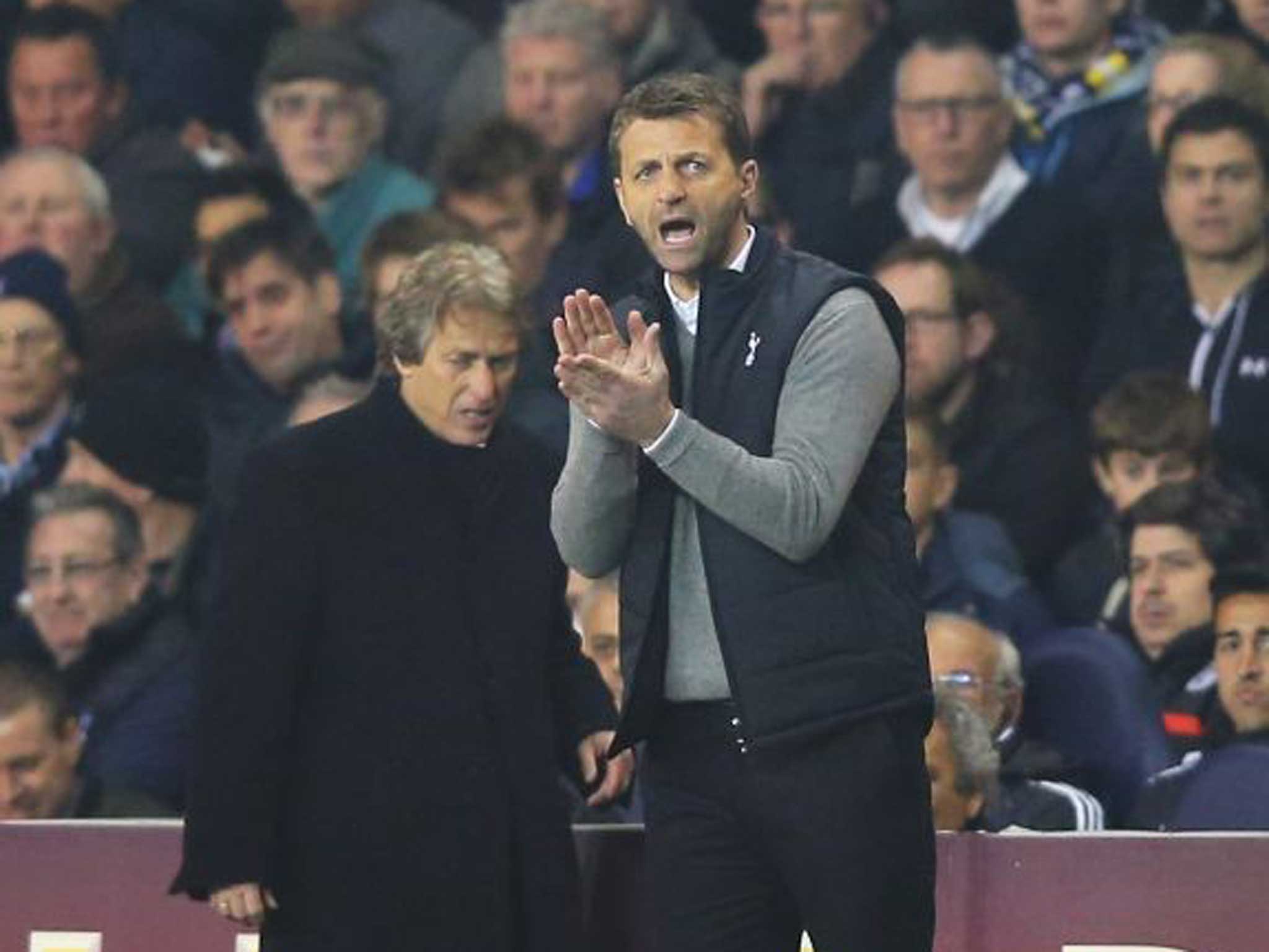 Out of hand: Tim Sherwood defiantly urges on his players but his later reaction to goading by Benfica’s Jorge Jesus would have had Bill Nicholson wincing