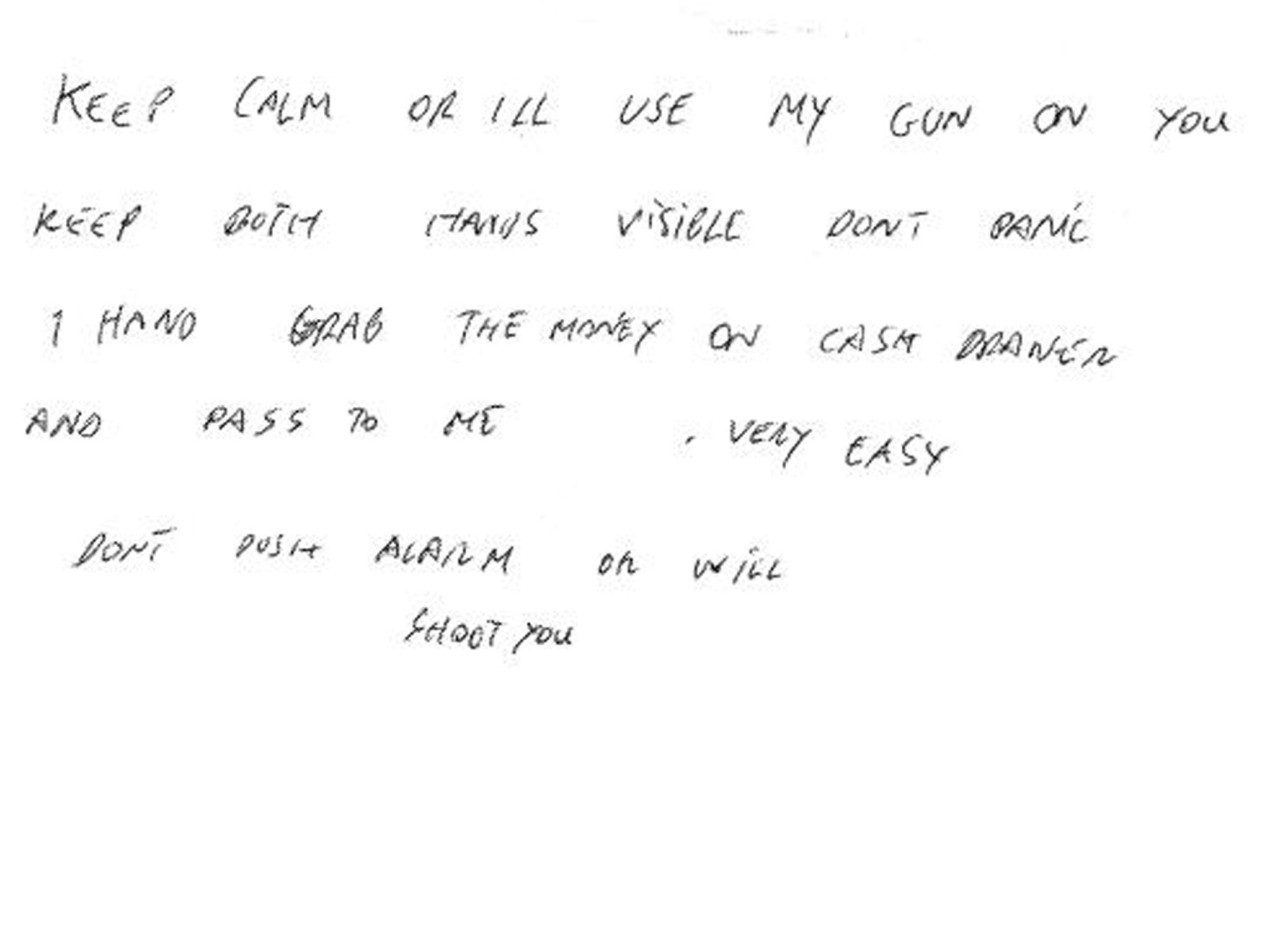 The note a man handed to bank staff