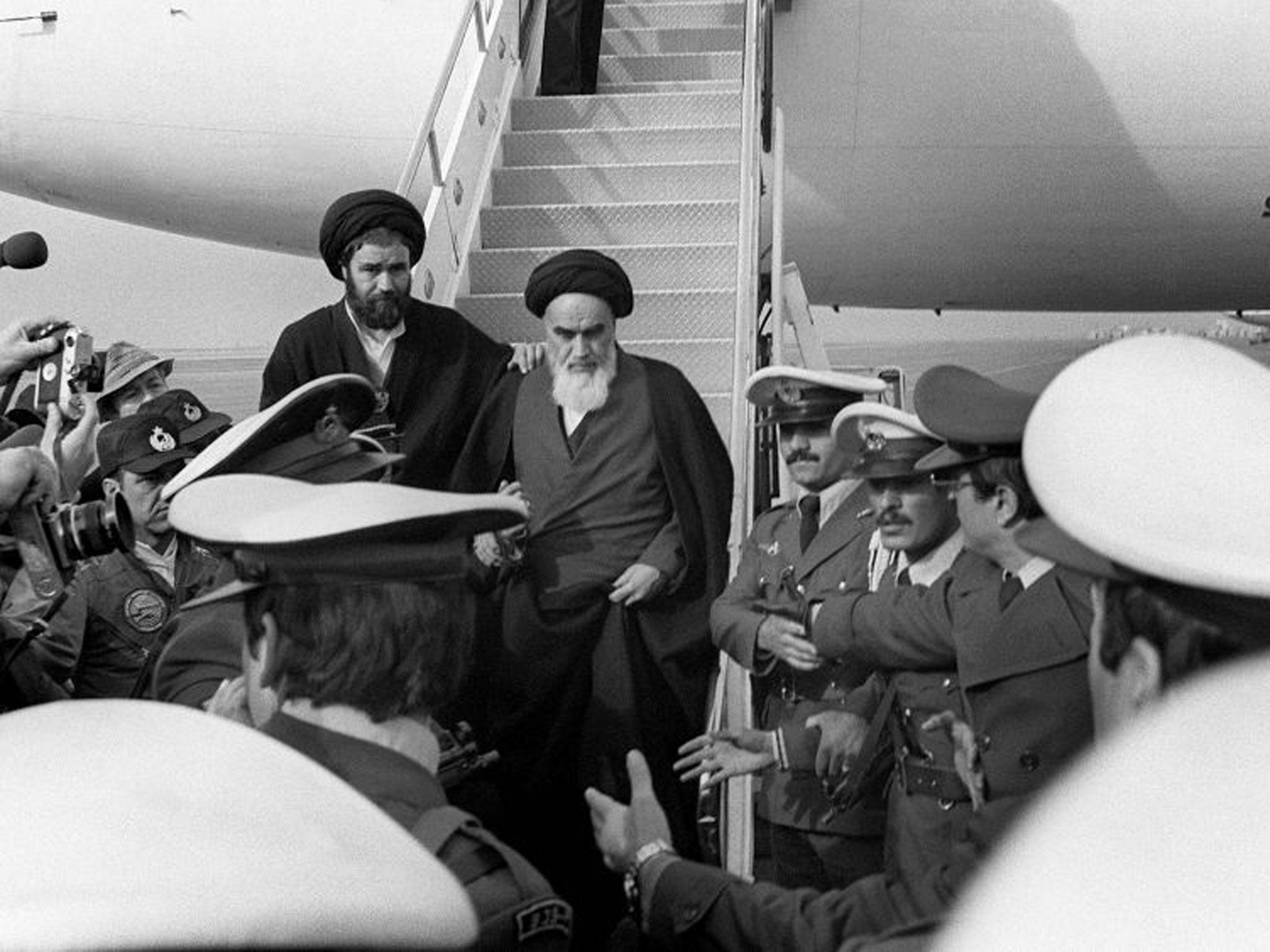 Late former supreme leader Ayatollah Khomeini returning to Iran in 1979