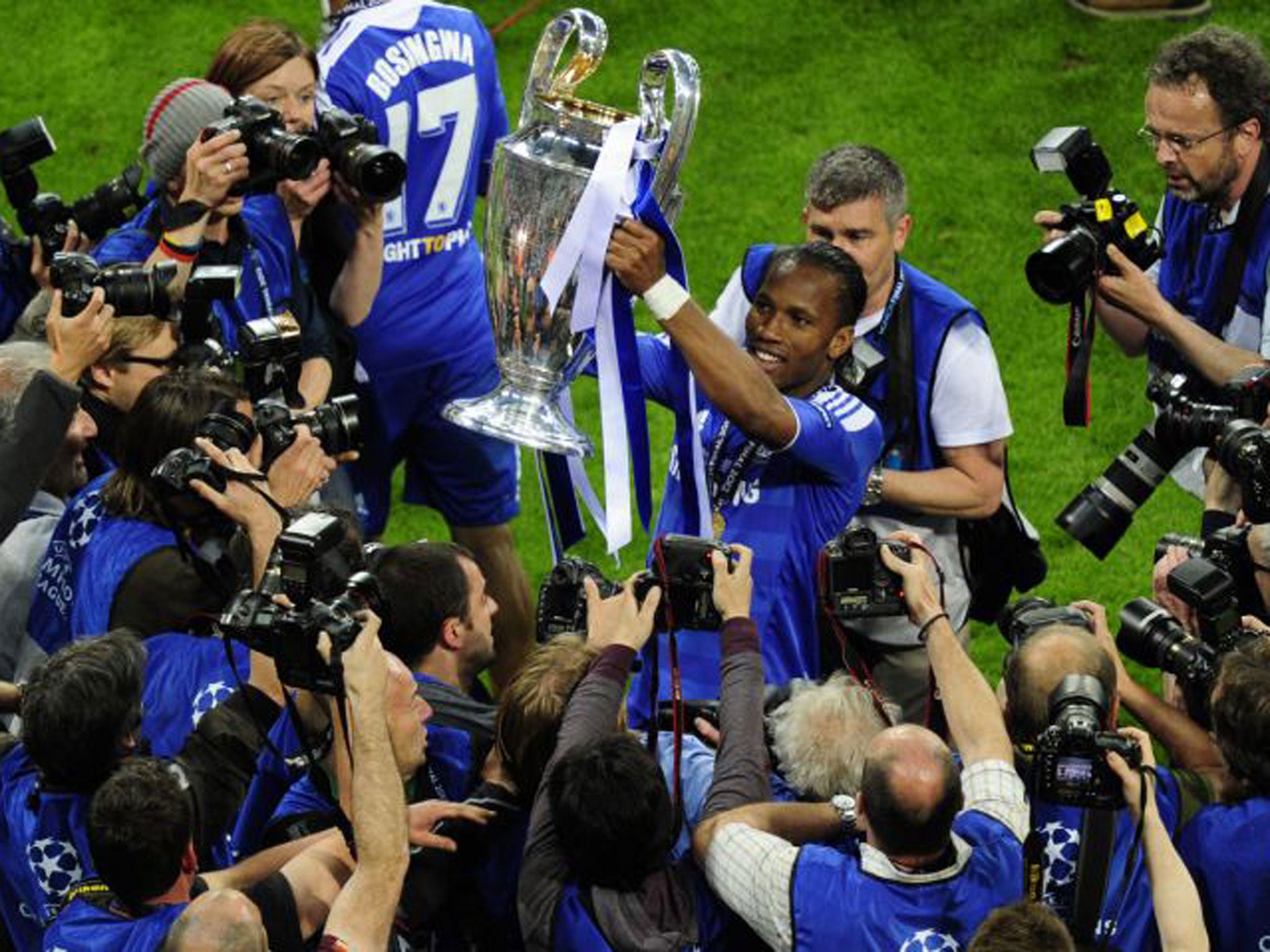 Didier Drogba holds the Champions League trophy aloft after Chelsea’s triumph in 2012