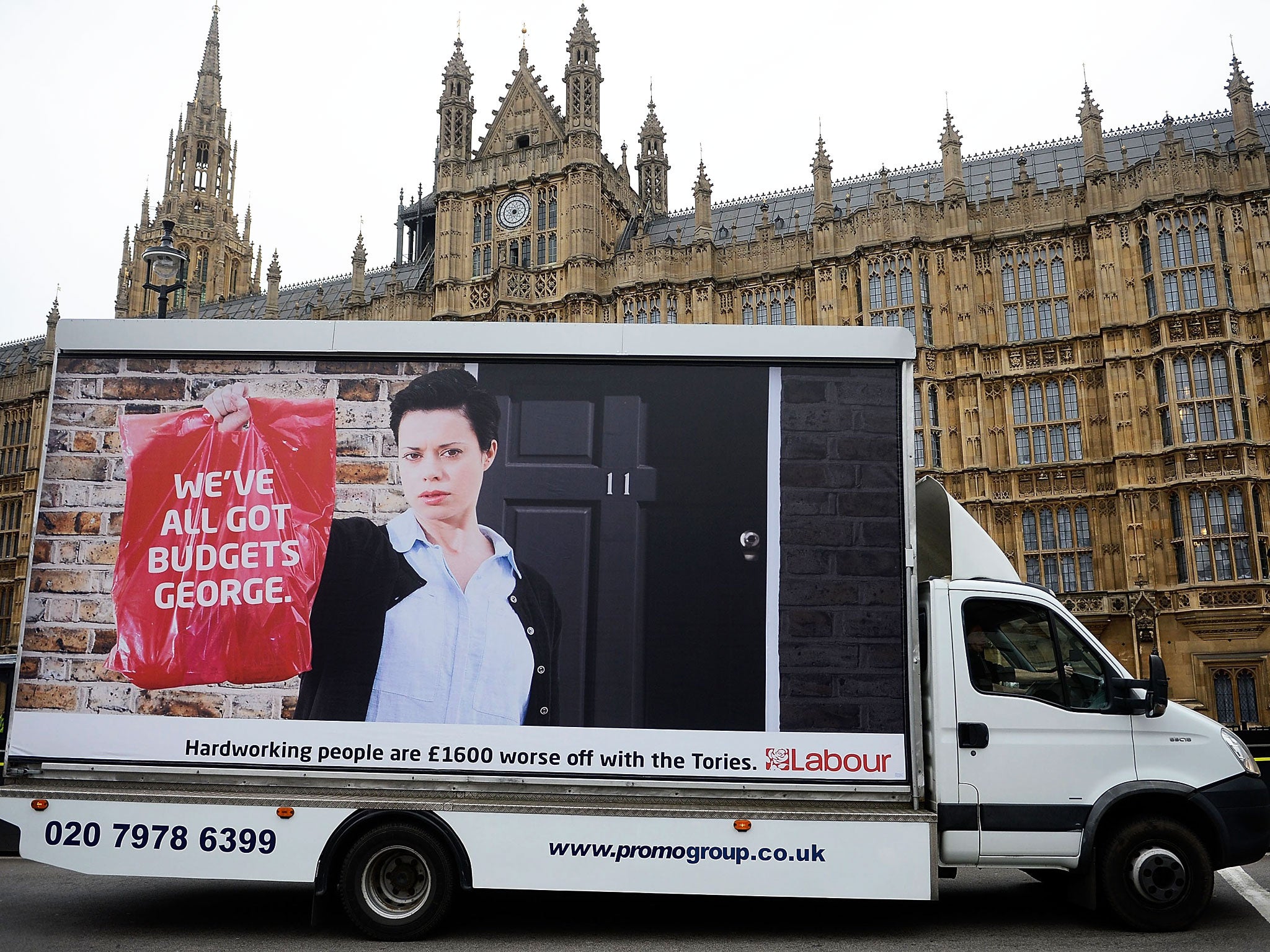 Labour Party launch a new poster ahead of the Budget in London. The Chancellor of the Exchequer George Osborne will deliver his Budget statement to Members of Parliament in the House of Commons