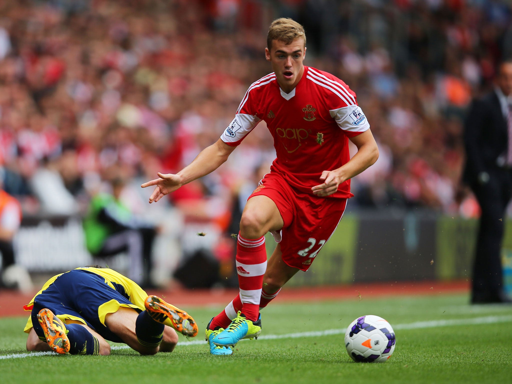 Calum Chambers of Southampton wins the ball