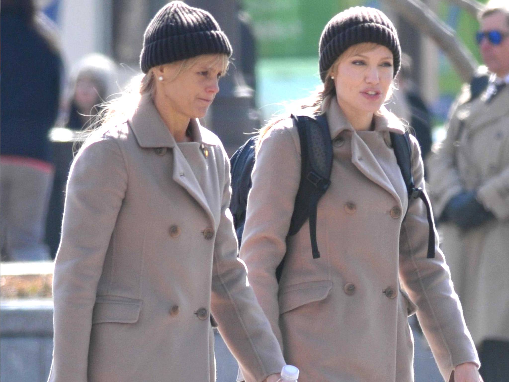The British stuntwoman Eunice Huthart, left, and Angelina Jolie on a film set