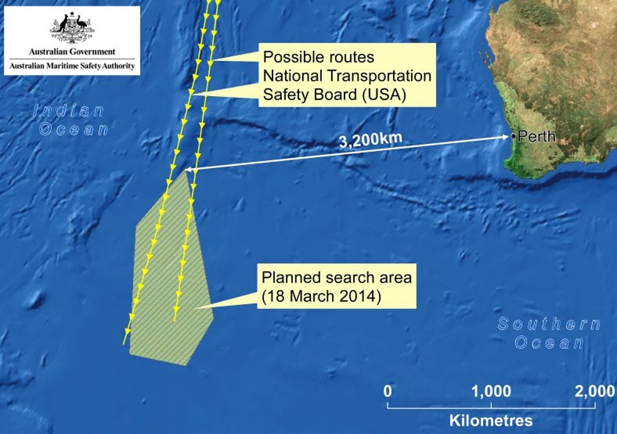 A handout picture made available by the Australian Maritime Safety Authority (AMSA) on 20 March 2014 shows a map of its search area for missing Malaysia Airlines flight MH370. Objects possibly related to the search for the missing Malaysia Airlines plane