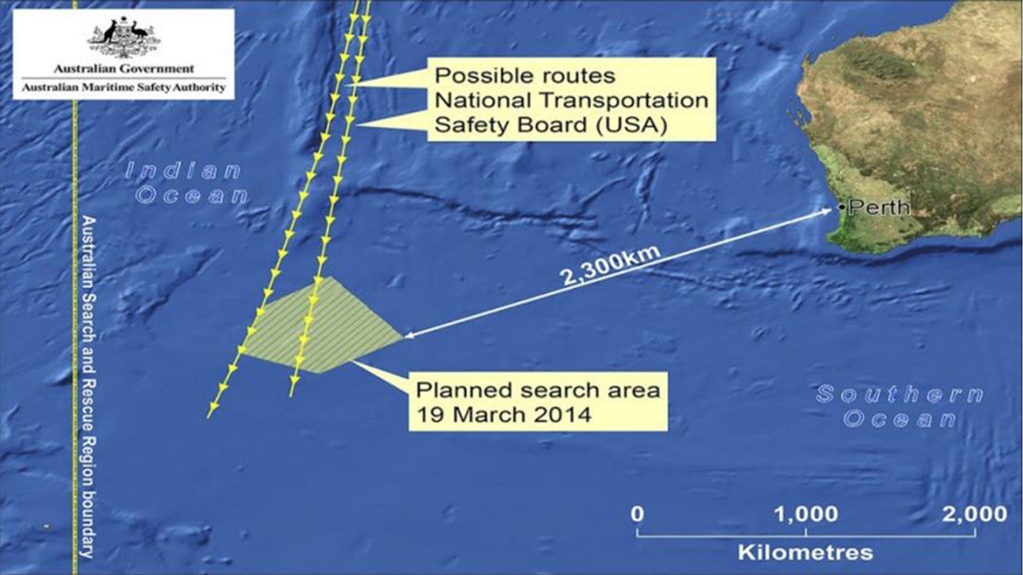 A map of the search area for missing Malaysia Airlines flight MH370 currently conducted by AMSA
