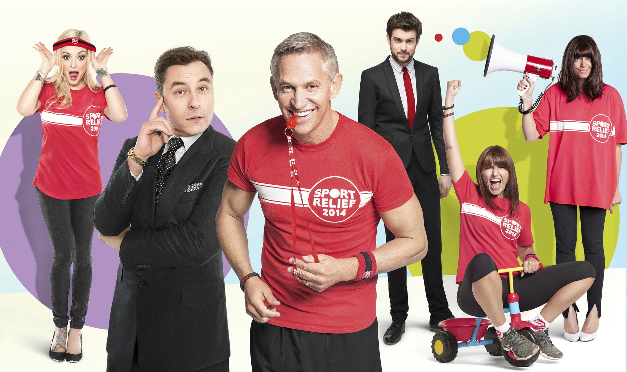 Fearne Cotton, David Walliams, Gary Lineker, Jack Whitehall, Davina McCall, Claudia Winkleman present Sport Relief 2014