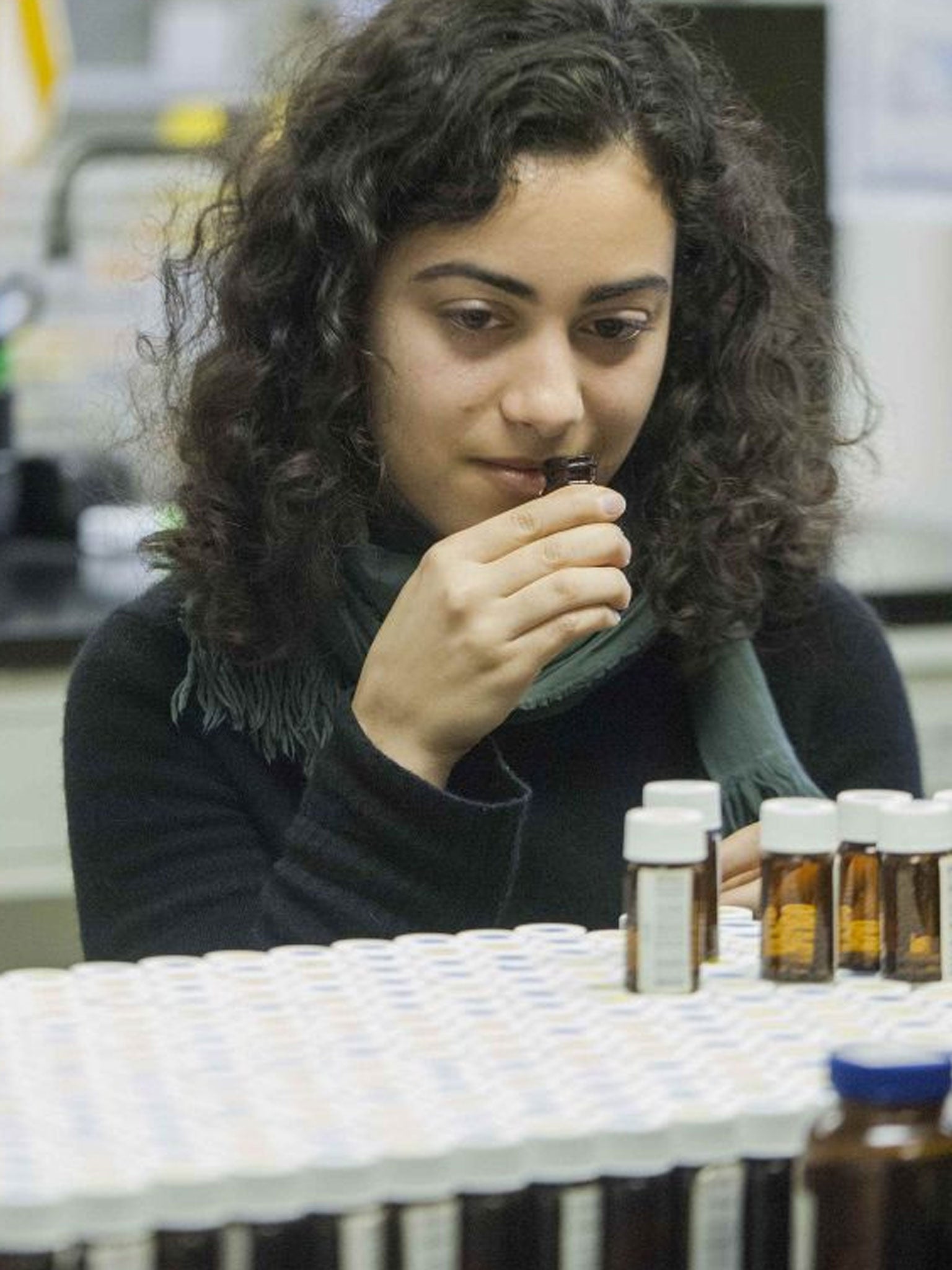 A Rockefeller University photo released on March 20, 2014 shows a study to measure volunteers' ability to distinguish between odors found that human noses